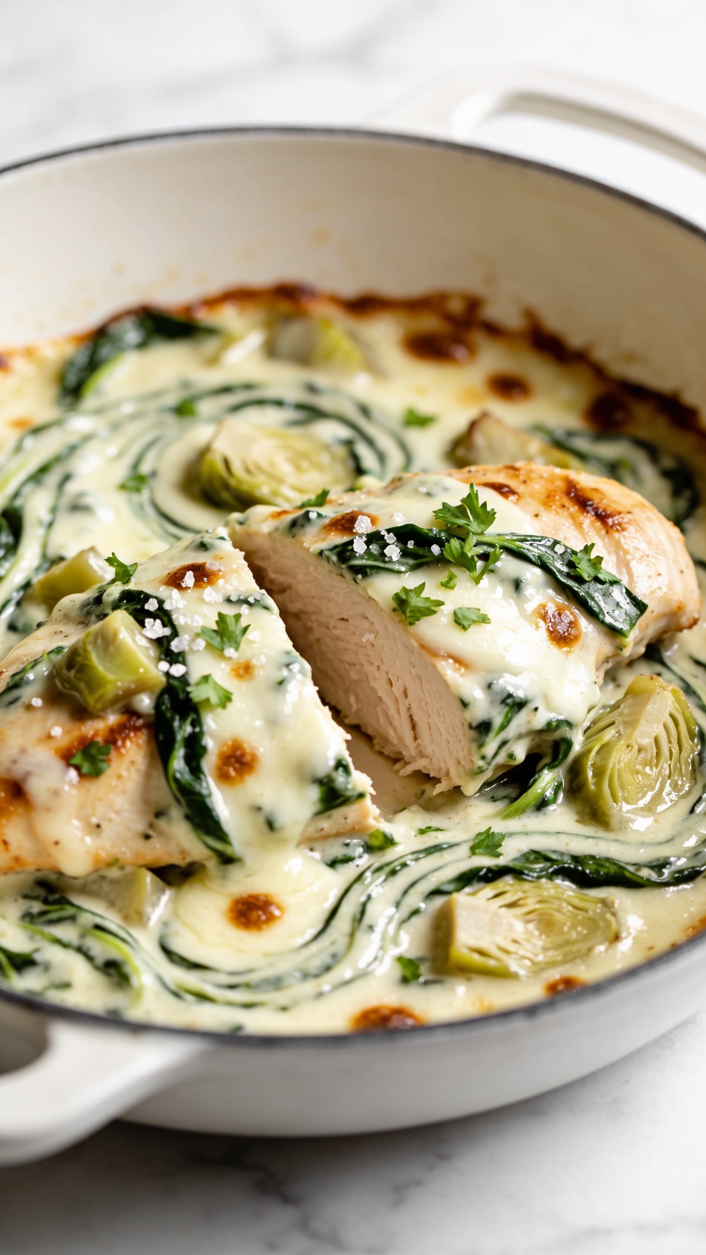 Tight macro angle from the opposite side of the skillet focusing on one chicken breast partially sliced to reveal moist interior, bathed in the creamy spinach–artichoke Greek yogurt sauce; melted mozzarella pooled in glossy swirls with browned bubbles, artichoke chunks and spinach ribbons distinct, edges slightly caramelized; a light, fresh sprinkle of parsley and a few coarse sea salt crystals catching the light; bright natural top-side lighting, shallow depth of field, 90–95% frame filled with food, same white enameled skillet and airy marble background for a cohesive shoot.