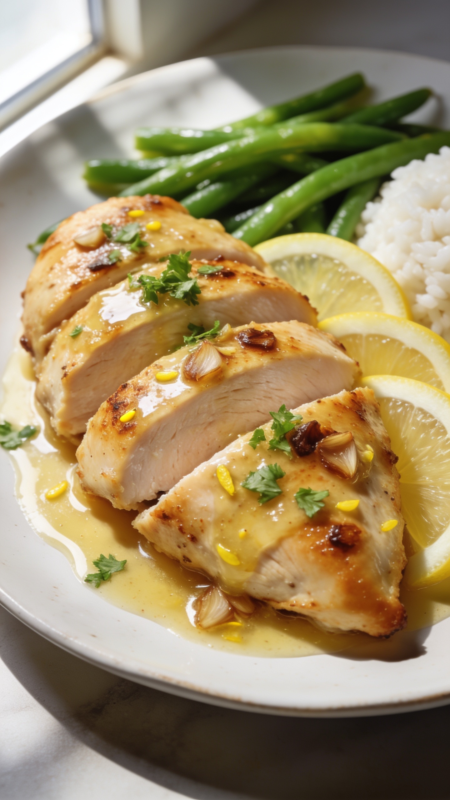 Ultra-close hero shot of High Protein Garlic Butter Chicken: golden-seared chicken breasts sliced to reveal moist, juicy interior, bathed in glossy garlic butter with visible browned garlic bits and tiny lemon zest flecks; a few thin lemon wedges tucked alongside; sprinkled with freshly chopped parsley; served on a shallow white ceramic plate with a light smear of butter sauce pooling; side accents of simple steamed green beans and a small mound of white rice peeking in the background for context; bright natural window light from the left, soft shadows, shallow depth of field, crisp highlights on the buttery glaze; rich, warm tones, premium food-blog styling, 90–95% of frame filled with food.