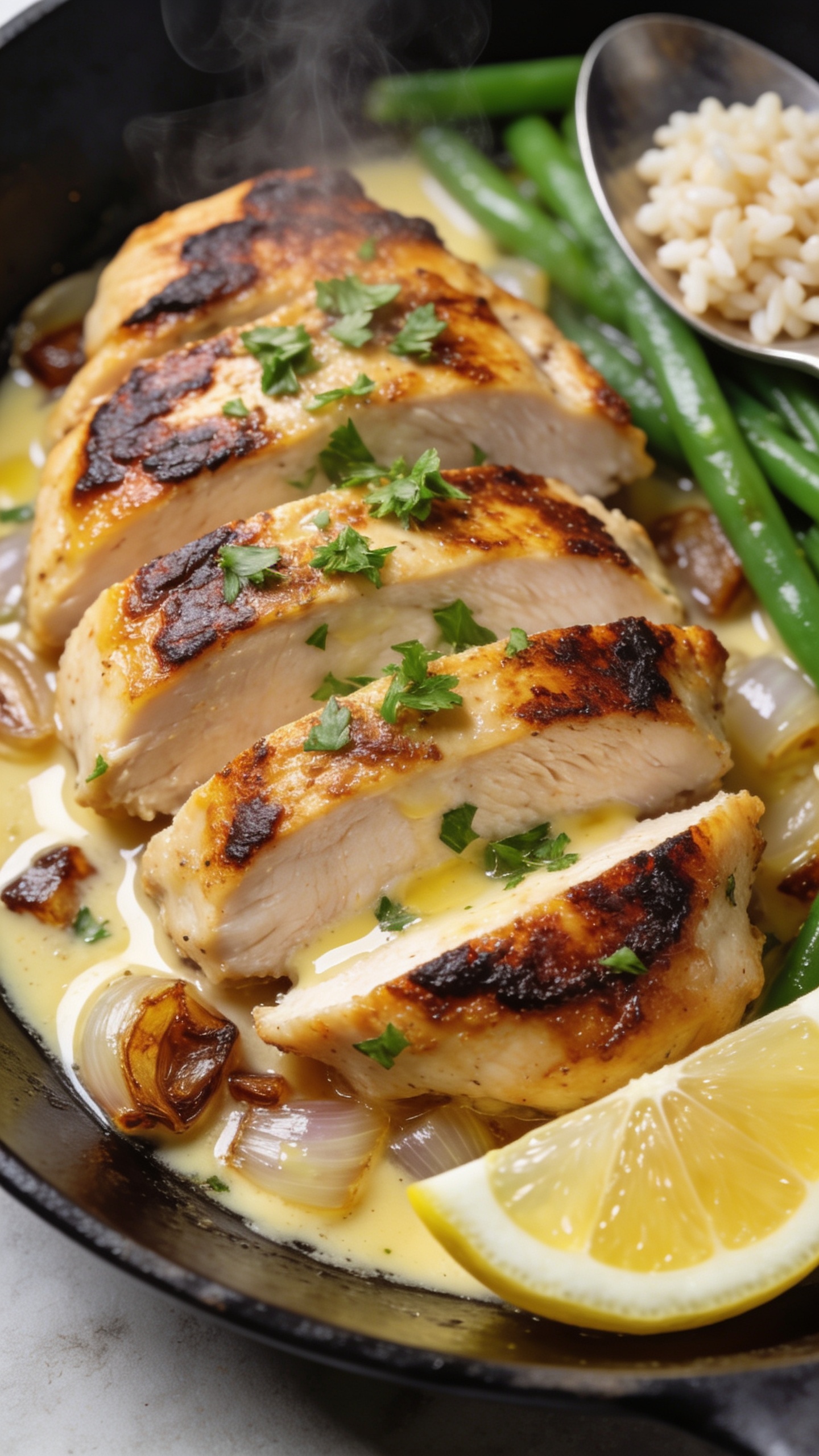 Extreme close-up angle on the same plated chicken focusing on texture: seared crust with deep golden mahogany edges, glistening garlic butter pooled in the pan sauce around the slices, visible browned garlic bits and a few translucent shallot pieces, steam faintly rising; a fresh squeeze sheen on a thin lemon wedge at the plate rim and a shower of finely chopped parsley scattered over top; minimal sides softly blurred—green beans and a spoonful of rice—to keep chicken center-stage; bright natural lighting, shallow depth of field, premium styling, 90–95% of frame filled with food.
