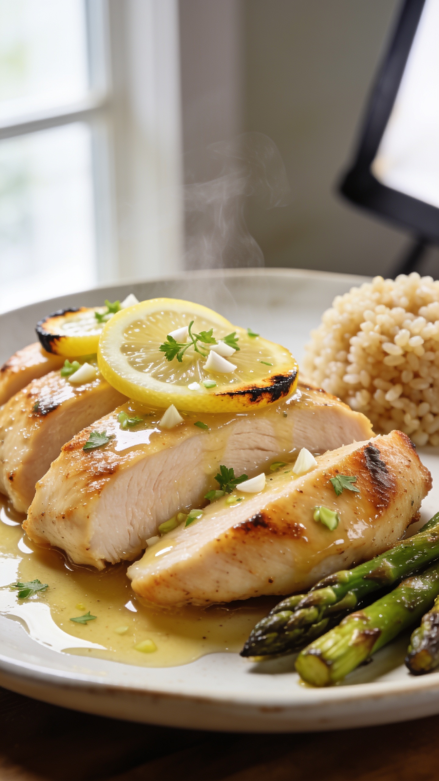 Ultra-close hero shot of High Protein Lemon Garlic Chicken: golden seared boneless chicken breasts sliced to reveal juicy, tender centers, glistening with a glossy lemon-garlic butter pan sauce; thin lemon slices and finely minced garlic visible on top, micro-chopped fresh parsley scattered, a few charred lemon edges for contrast. Plate the chicken on a shallow white ceramic plate with a light drizzle of sauce pooling, alongside simple roasted asparagus tips and a small mound of fluffy quinoa for context, but keep the chicken dominating the frame. Bright natural window light from the left, soft reflector fill on the right, shallow depth of field with dreamy bokeh. Emphasize rich textures: crisped edges, glossy sauce sheen, visible steam rising subtly. Premium food-blog styling, food filling 90â95% of frame, no text, no hands.