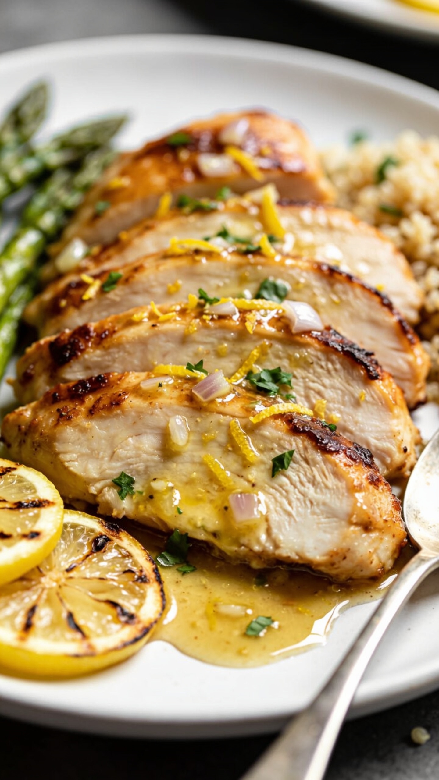 Macro close-up from a lower 3/4 angle of the same finished lemon garlic chicken resting in a shallow white plate: overlapping slices fanned slightly to showcase succulent interior, caramelized edges, and a lacquered lemon-garlic butter glaze. Visible lemon zest speckles, tiny translucent garlic bits, finely chopped parsley, and a couple of thin grilled lemon rounds tucked to the side. A light spooned puddle of sauce gathers at the base, catching highlights. Side elements (asparagus tips, quinoa) softly blurred at the far edge for continuity. Bright natural daylight, shallow depth of field, rich contrast and saturation, food filling 90â95% of the frame, no text, no hands.