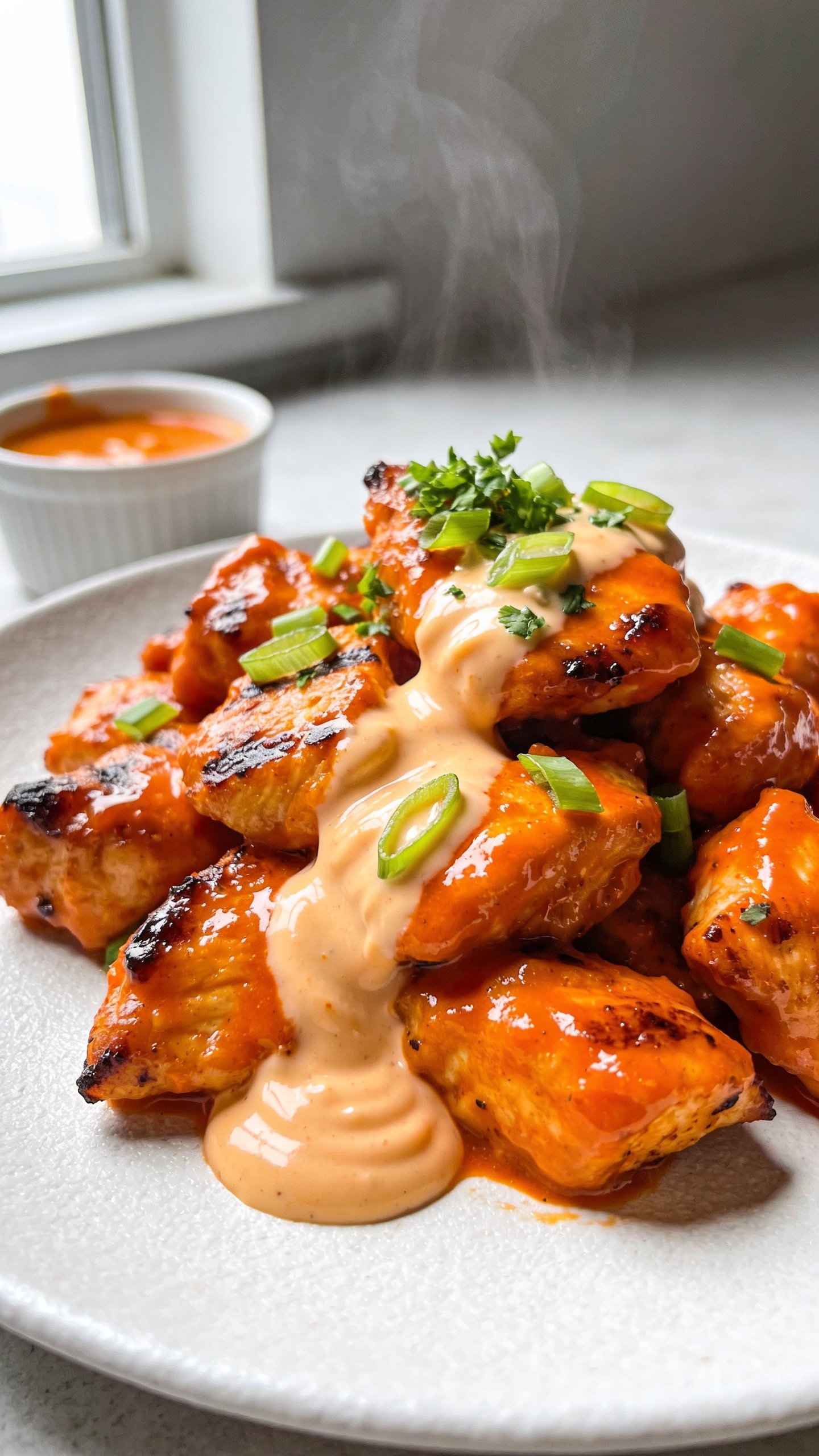 Extreme close-up hero image of High Protein Buffalo Chicken: juicy bite-sized grilled chicken pieces tossed in a glossy bright-orange Buffalo sauce with a slight sheen, lightly charred edges, and a creamy swirl of pale-orange Greek-yogurt Buffalo drizzle pooling on the chicken. Garnished with finely sliced green onions and a light sprinkle of chopped fresh parsley for contrast. Served on a shallow matte white plate, with a small ramekin of extra Buffalo sauce blurred in the background. Bright natural window light from the left, shallow depth of field, food filling 90–95% of the frame, vibrant color, rich textures, and steam subtly rising to hint at warmth. Premium food-blog styling, no text, no hands.