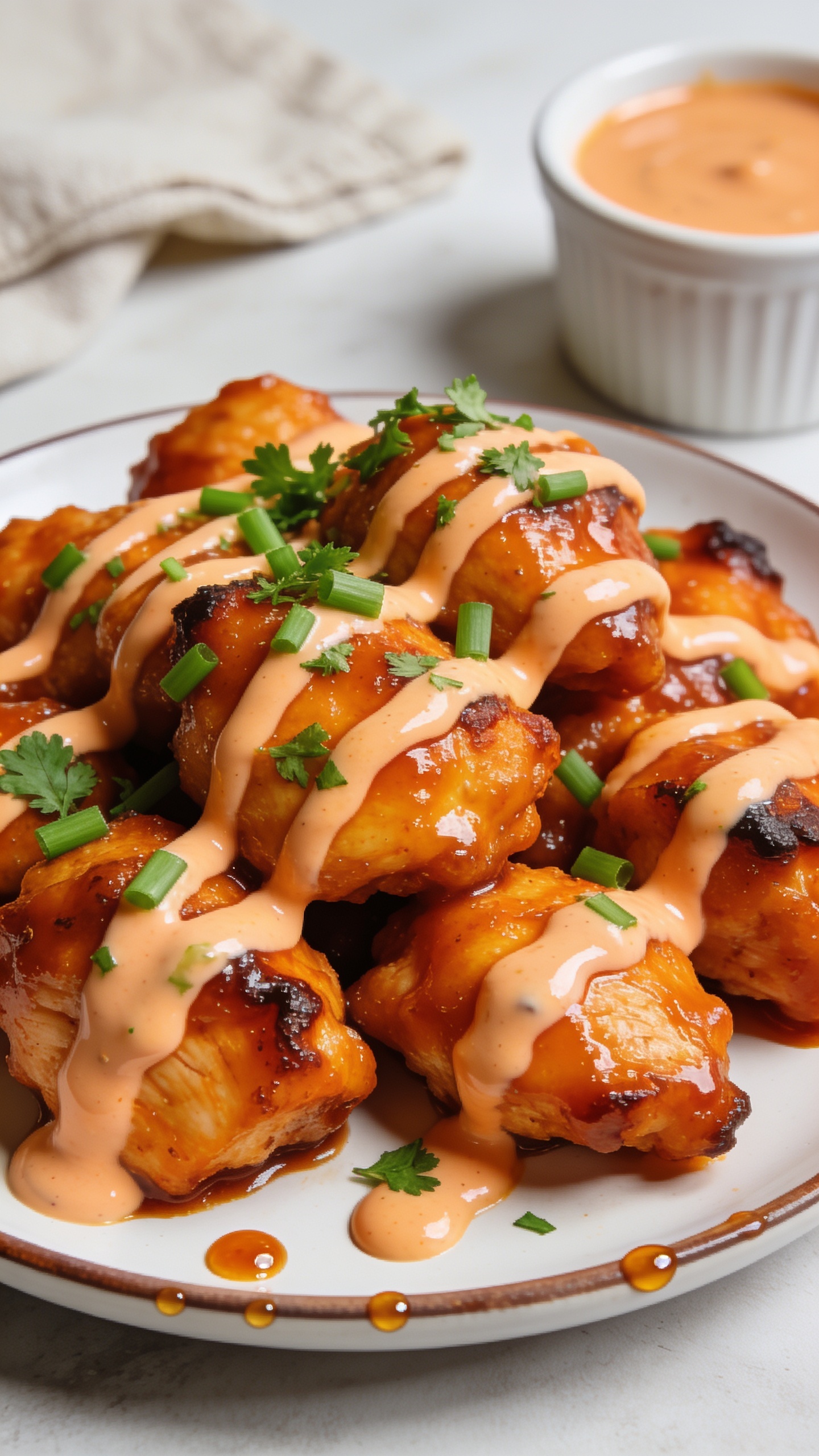 Macro close-up from a low 3/4 angle of the plated High Protein Buffalo Chicken: glossy, lacquered Buffalo sauce coating tender chunks with caramelized edges; a delicate drizzle of the pale-orange Greek-yogurt Buffalo sauce zigzagging over the top; finishing sprinkles of green onion and parsley adding fresh pops of color. A few droplets of sauce glisten on the plate rim, with a blurred ramekin of extra sauce and a neutral linen napkin in the background. Bright natural lighting, shallow depth of field, 90–95% food in frame, rich textures and vibrant oranges and greens, consistent with the hero image.