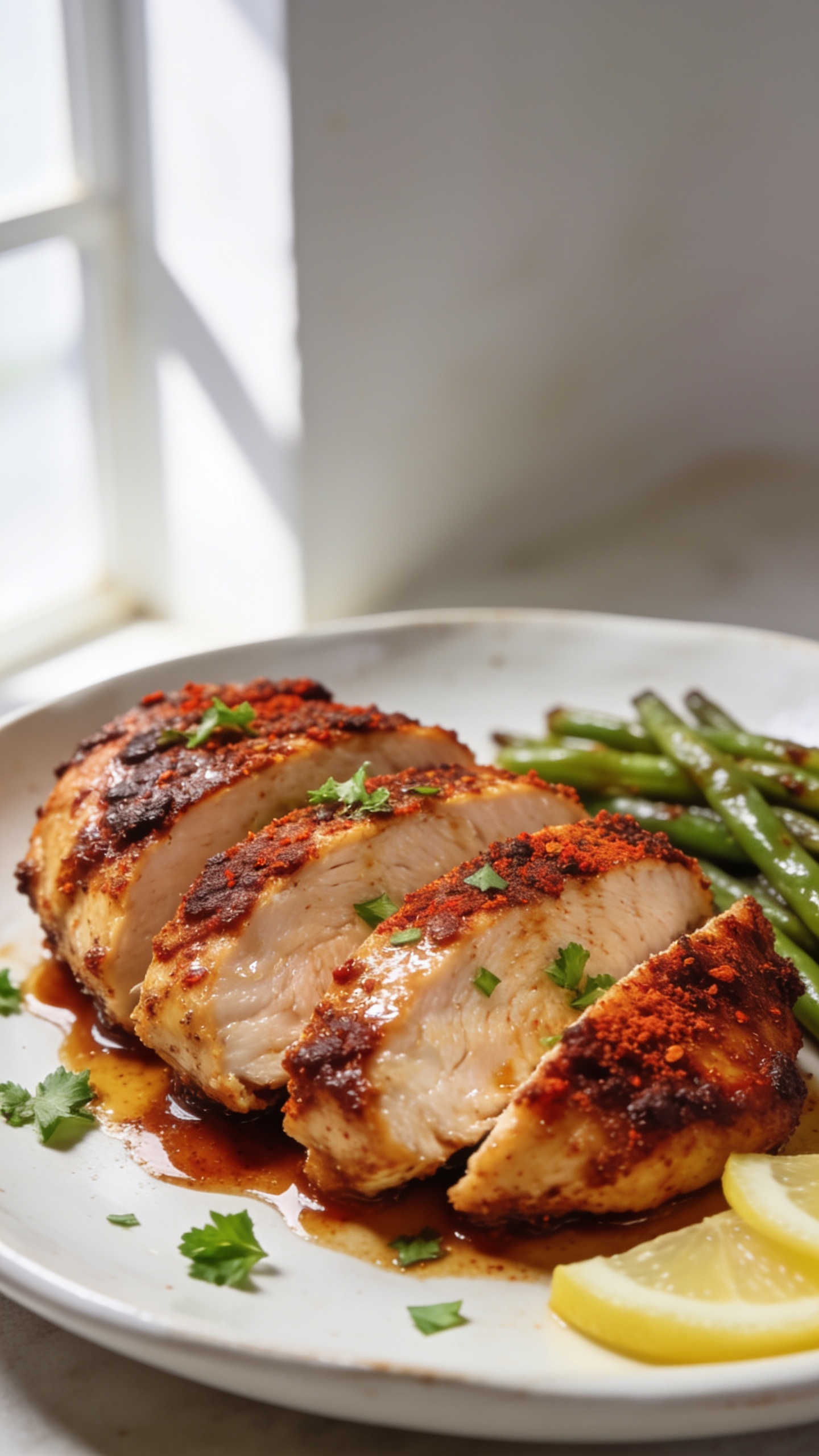 Extreme close-up hero shot of High Protein Cajun Chicken: thick, juicy pan-seared chicken breasts sliced on a white ceramic plate, revealing ultra-moist, glistening interior with a deep mahogany Cajun crust; glossy Cajun pan juices lightly pooling around the slices; scattered fresh chopped parsley and thin lemon wedges for brightness; a side of simple roasted green beans peeking in softly blurred background; bright natural window light from the left, subtle shadows, shallow depth of field, food filling 90–95% of frame, clean neutral background, premium food-blog styling, crisp textures and vibrant paprika-red spices visible on the crust.