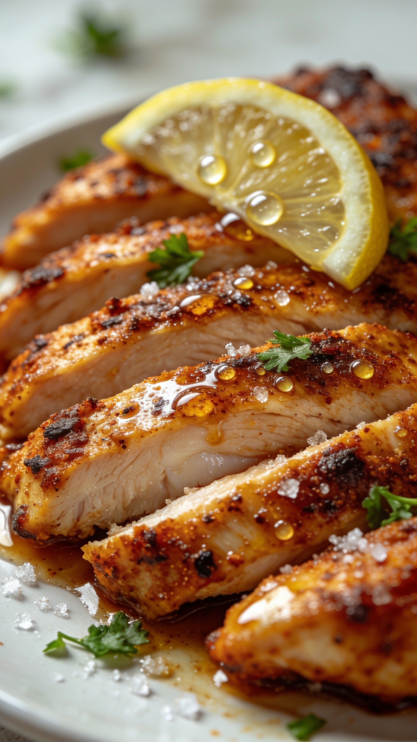 3. Ultra-close macro of the sliced Cajun chicken from a low angle: focus on the caramelized, crispy spice crust with micro-beads of juice and light char, the interior fibers moist and pearly; thin lemon wedge lightly squeezed on top with a few droplets beading on the surface; a gentle sheen of pan sauce brushed over the slices; sprinkled parsley and a faint sprinkle of coarse salt crystals catching light; bright natural lighting, shallow depth of field with creamy bokeh, food filling 90–95% of frame, same plate and styling as image 1 for continuity.