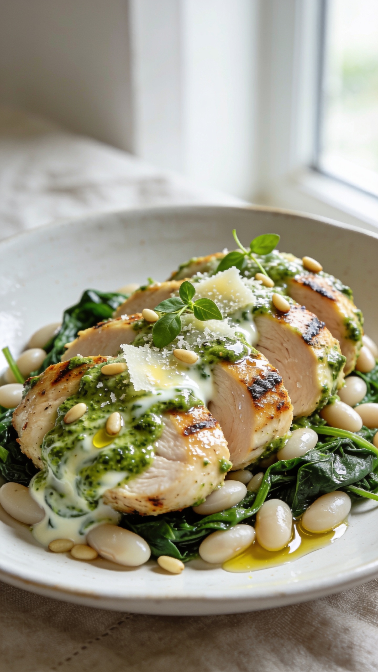 Ultra-close hero shot of High Protein Pesto Chicken: juicy seared chicken breast sliced into thick medallions, coated in a glossy, vibrant basil pesto–Greek yogurt sauce, nestled with tender white beans and wilted baby spinach on a shallow white ceramic plate. Freshly grated Parmesan lightly melted on top, tiny pine nuts scattered, micro-basil leaves and a squeeze-gloss sheen of olive oil. Bright natural window light from the side, shallow depth of field with creamy bokeh, crisp sear marks, visible moisture on the chicken, and the pesto sauce clinging to every curve. Food fills 90–95% of frame, no text, no hands, clean neutral background with subtle linen texture.