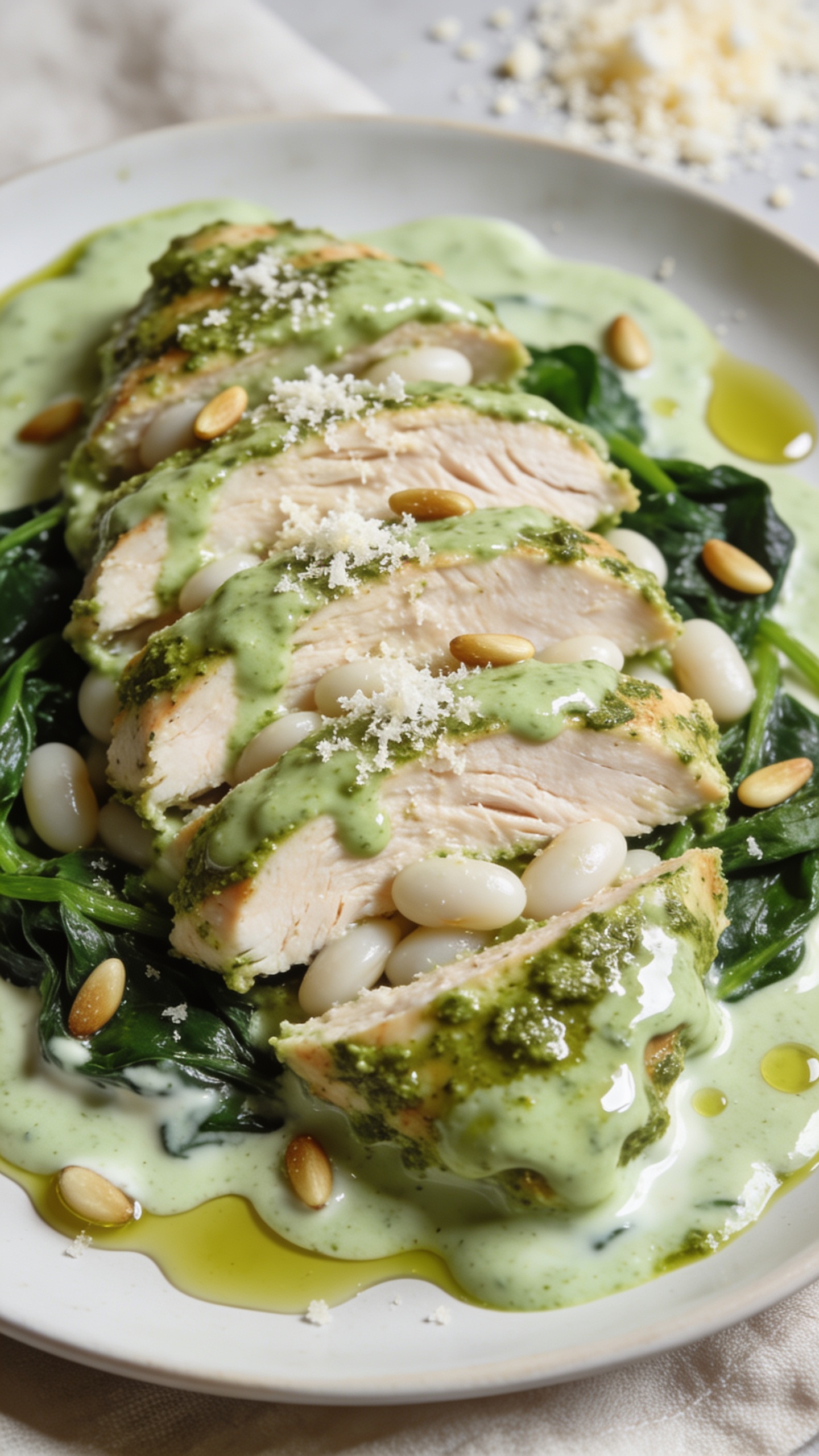 Extreme close-up angle from slightly overhead: the same plated High Protein Pesto Chicken with thick, juicy slices fanned out and heavily napped in creamy, emerald pesto–Greek yogurt sauce pooling around the edges. White beans tucked between slices, wilted spinach adding deep green contrast, glossy olive oil droplets, toasted pine nuts, and a final snow of finely grated Parmesan. Focus on the saucy shine and moist chicken fibers, with blurred background crumbs of Parmesan and a hint of a neutral linen. Bright natural lighting, shallow depth of field, food filling 90–95% of the frame, cohesive with the other images.