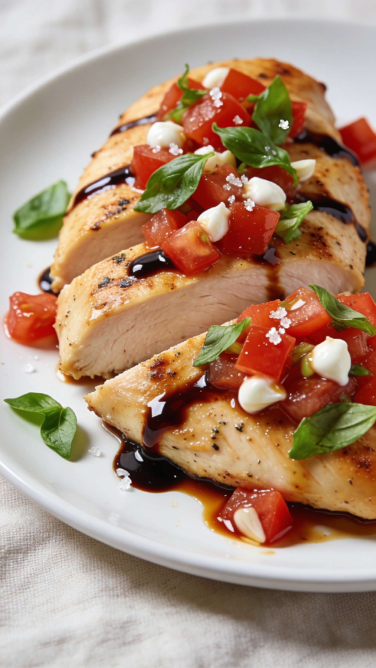 Ultra-close hero shot of High Protein Bruschetta Chicken: golden, pan-seared chicken breasts sliced to show juicy interior, topped with glossy bruschetta—diced ripe tomatoes, finely minced garlic, torn fresh basil, and tiny pearls of melted mozzarella—finished with a precise, shiny drizzle of thick balsamic glaze and a few flakes of sea salt. Food fills 90–95% of frame on a matte white plate over a neutral light linen. Bright natural daylight from the side, shallow depth of field, crisp highlights on the glaze and tomato juices, visible herby seasoning on the chicken, a few basil leaves and tomato juices pooling on the plate edge for authenticity. Premium food-blog styling, vibrant reds and greens, no text.