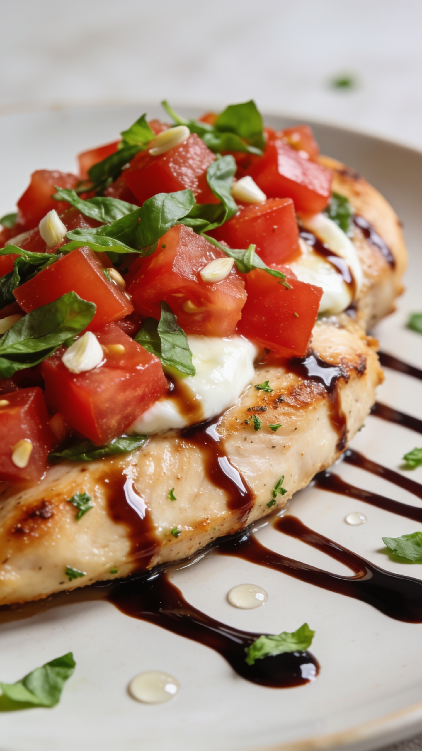 Macro close-up from a low 3/4 angle of the same finished plate: focus on a single chicken breast topped generously with the bruschetta—juicy tomato cubes, visible garlic bits, basil chiffonade, lightly melted mozzarella tucked between tomatoes—edges of chicken slightly crispy with herb flecks. Thick balsamic glaze zigzags with mirror-like shine, a few droplets beading on the plate, and scattered basil confetti. Food dominates 90–95% of frame; bright natural light, shallow depth of field, soft neutral backdrop to make reds/greens pop, premium food-mag finish, no text.