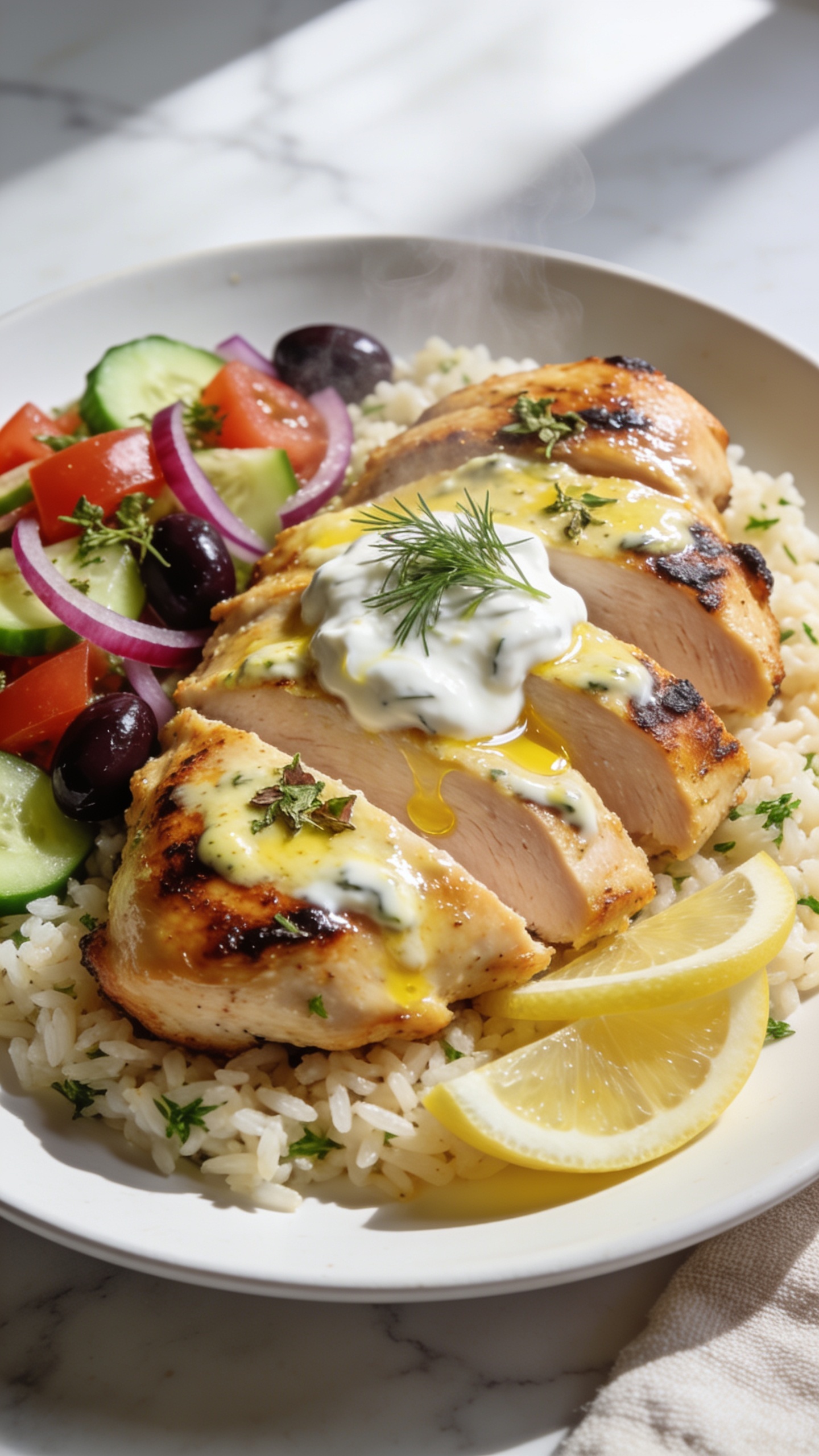 Ultra-close hero shot of High Protein Greek Chicken: golden, pan-seared boneless chicken thighs glazed with glossy lemon-garlic Greek yogurt marinade, lightly charred edges, sliced into thick pieces and fanned over a small bed of fluffy herbed rice with a side of crisp cucumber-tomato-red onion salad and a few Kalamata olives. Fresh dill and oregano sprinkled on top, thin lemon slices tucked alongside, a small dollop of creamy yogurt sauce pooling on the chicken, visible zesty oil sheen. Shot in bright natural window light, shallow depth of field, white ceramic plate on a light marble surface with subtle linen texture, food filling 90–95% of frame, vibrant Mediterranean colors, steam faintly visible.