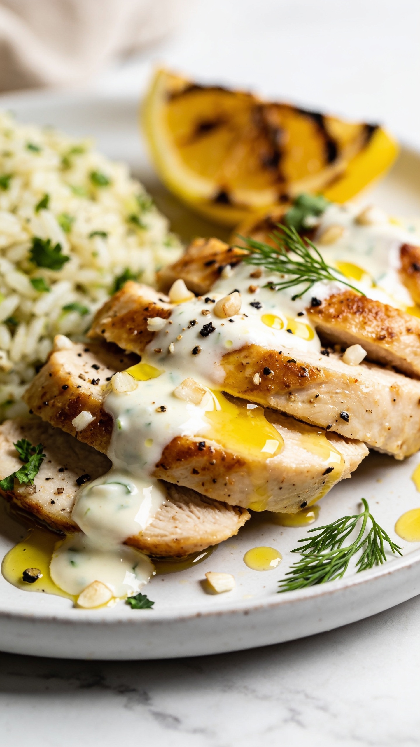 Macro close-up from a lower angle of the same plated dish emphasizing textures: seared chicken slices stacked slightly, glossy yogurt-lemon drips catching the light, coarse black pepper and minced garlic visible, micro-beads of olive oil sheen, fresh oregano and dill scattered, with a blurred backdrop of herbed rice and a wedge of charred lemon. Bright natural lighting, shallow depth of field, crisp highlights on the sauce, food filling 90–95% of the frame, premium food-blog styling on light marble with neutral props out of focus.