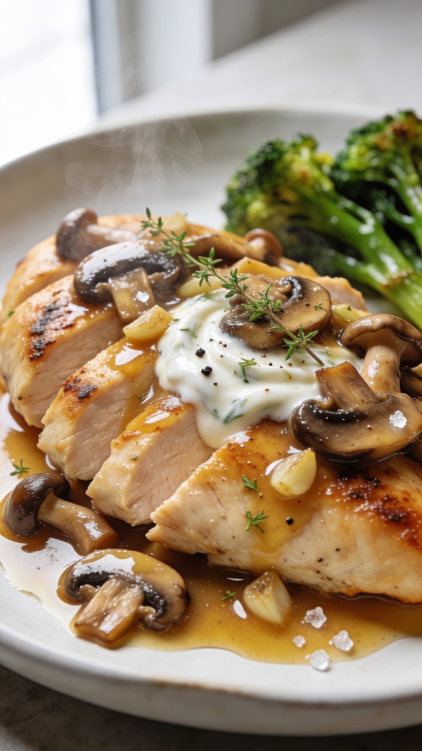Ultra-close hero shot of High Protein Mushroom Chicken: juicy seared chicken breast sliced on a shallow white ceramic plate, smothered in glossy golden-brown mushroom and garlic-thyme pan sauce with a swirl of Greek-yogurt creaminess, sautéed cremini and shiitake slices glistening, tiny flecks of fresh thyme and cracked black pepper on top, a few sea-salt flakes visible, light chicken jus pooling around the edges; side of simple roasted broccolini slightly blurred in the background for color contrast; bright natural window light from the left, shallow depth of field, crisp textures on chicken sear, steam faintly rising, premium food-blog styling, food filling 90–95% of frame.