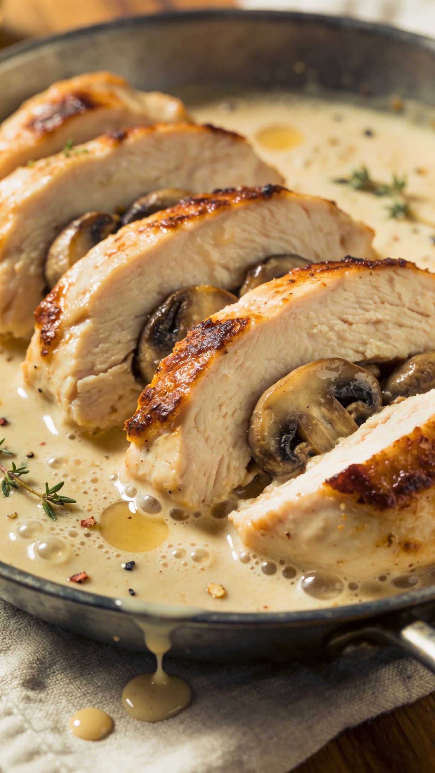 Extreme close-up from a low three-quarter angle of the same finished dish: focus on the cross-sections of sliced chicken breast showing juicy interior, caramelized edges, and mushrooms nestled between slices; creamy pan sauce marbled with chicken jus, tiny bubbles and gloss catching the light, flecks of thyme and coarse pepper scattered; a subtle splash of sauce on the rim for realism; neutral linen and warm wood tones softly blurred; bright natural light, shallow depth of field, mouthwatering textures, food filling 90–95% of frame.