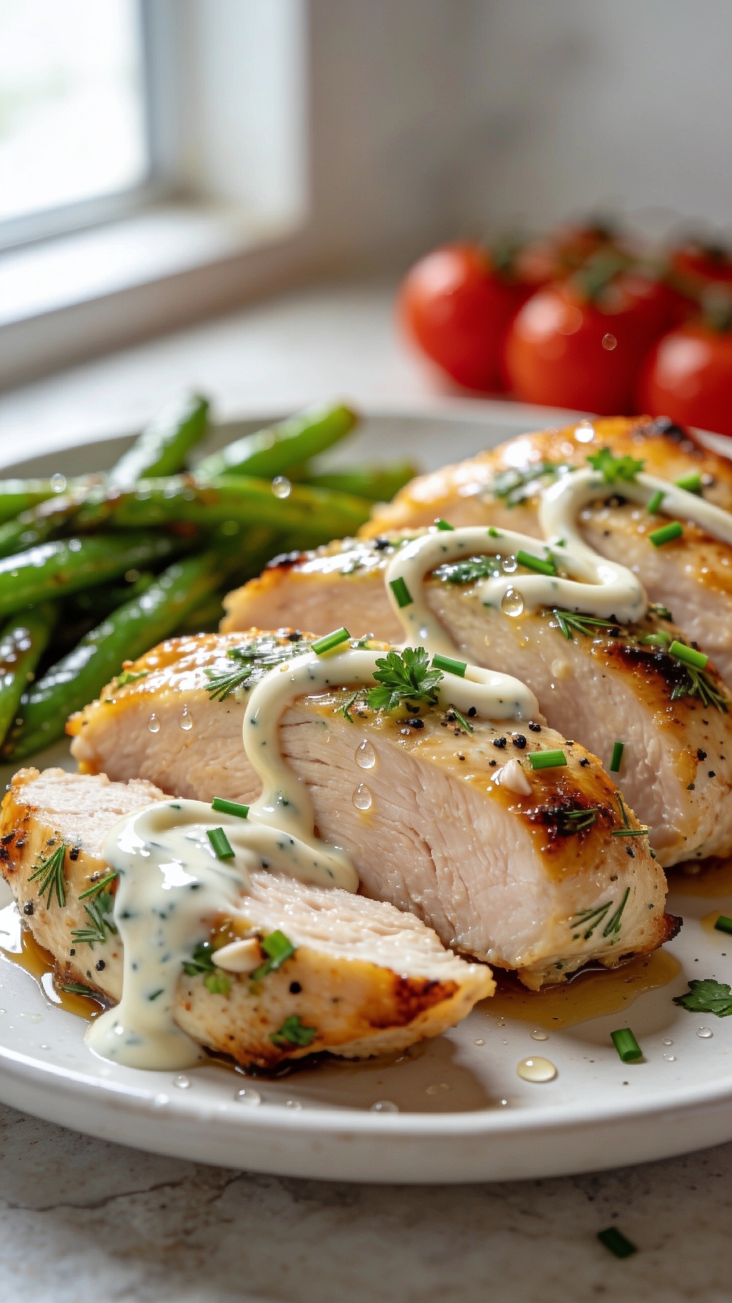 Ultra-close hero shot of High Protein Ranch Chicken: thick, juicy baked chicken breasts sliced on a matte white plate, each piece coated in a glossy ranch-herb crust with visible flecks of dill, parsley, chives, garlic, and cracked black pepper. Light golden, caramelized edges with slight char, thin juices glistening on the surface. Drizzle of creamy ranch swirled across the top, tiny droplets catching the light. Garnished with finely chopped fresh chives and parsley. Small side of bright roasted green beans and cherry tomatoes pushed softly into the background blur for color. Bright natural window light from the left, shallow depth of field, 90–95% frame filled with the chicken, premium food-blog styling on a pale stone surface.