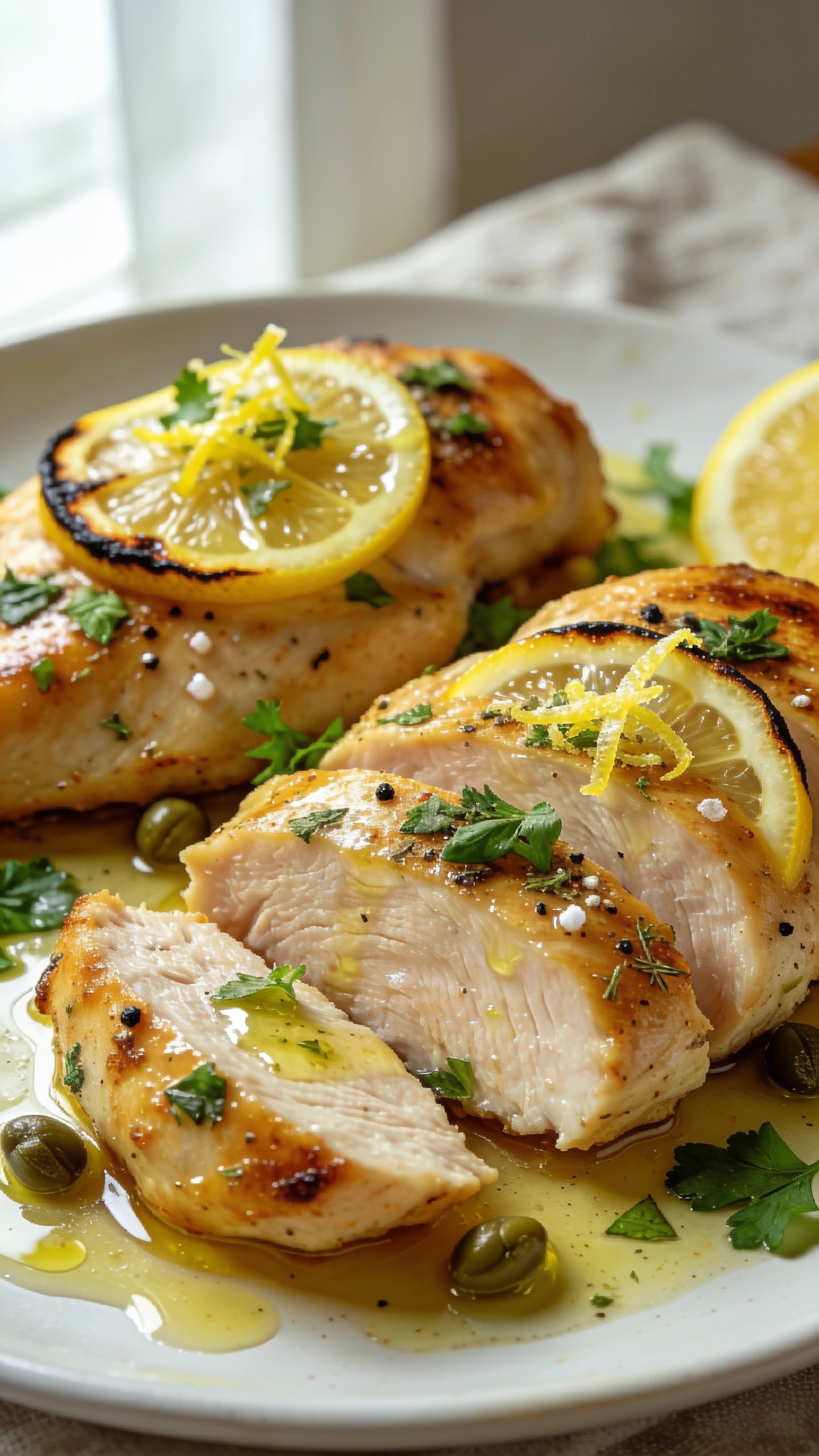 Extreme close-up hero shot of High Protein Italian Herb Chicken: golden pan-seared chicken breasts sliced to reveal ultra-juicy, tender interior, glistening with a light lemon-garlic olive oil glaze; speckled with Italian herbs (oregano, basil, thyme), cracked black pepper, and coarse sea salt; thin lemon slices and charred edges visible; scattered fresh flat-leaf parsley and microplaned lemon zest on top; a few capers tucked in the glossy pan juices; served on a matte white shallow plate with a minimal smear of juices pooling; bright natural window light from the left, soft bounce on the right, shallow depth of field, background softly blurred neutral linen; food fills 90â95% of frame, rich golden browning, vivid greens, vivid yellow lemon, premium food-blog styling.