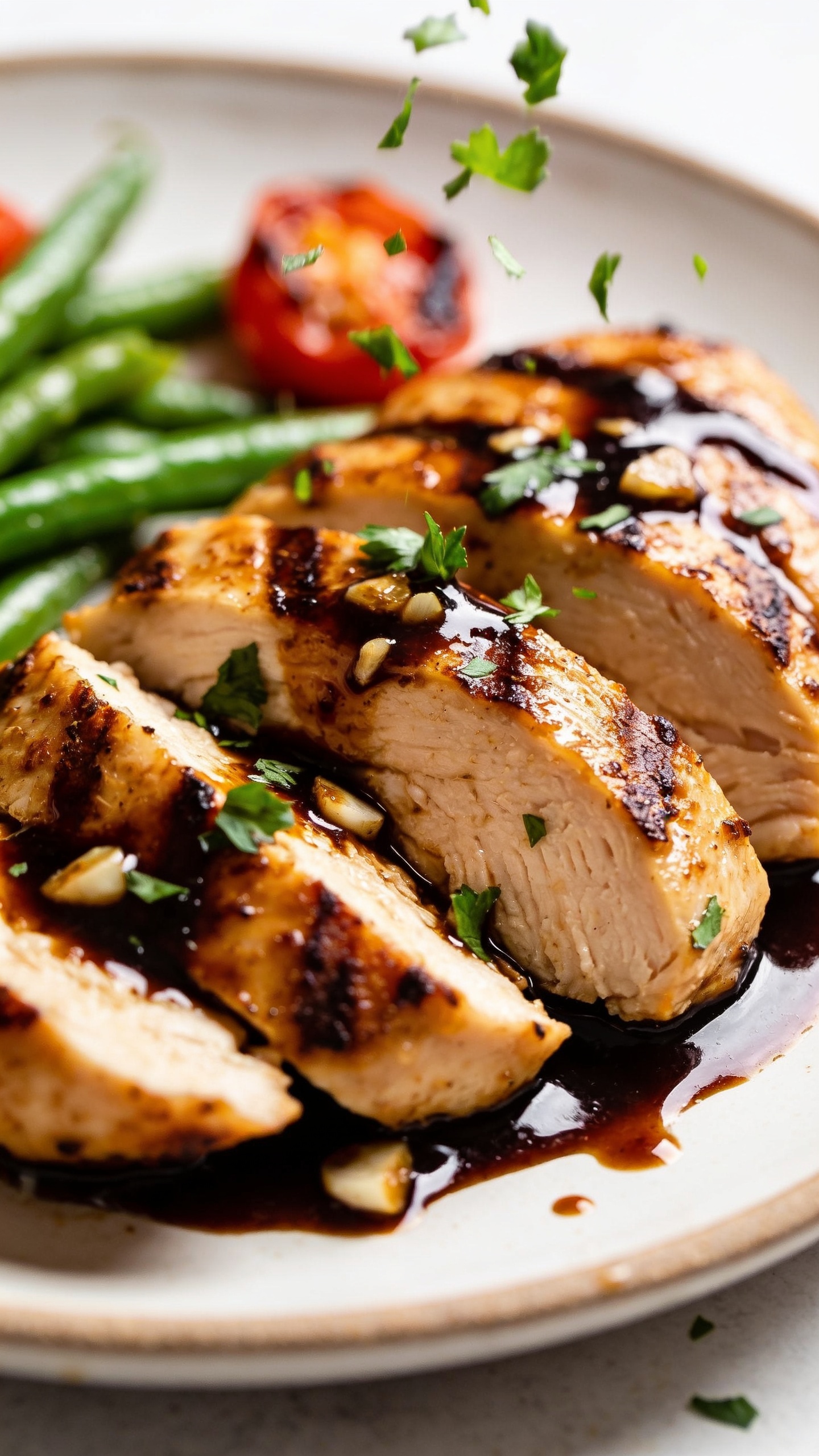 Tight macro close-up from a low 3/4 angle of the same finished balsamic chicken: overlapping sliced breasts drenched in a dark, shiny reduction with visible garlic bits; crisped, browned ridges and juicy interiors glistening; fresh parsley sprinkled mid-fall, some leaves caught in the air and others landing on the glaze; tiny glaze pools along the plate rim reflecting light; a few green beans and blistered cherry tomatoes blurred in the background for color pop; bright natural side light, shallow depth of field, 90–95% frame food, cohesive with the hero image’s styling.