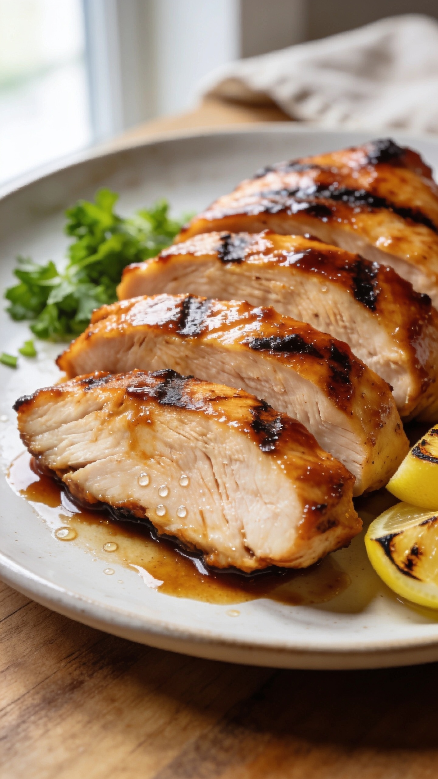 Ultra close-up hero shot of high-protein BBQ chicken: perfectly grilled boneless, skinless chicken breasts sliced into thick, juicy pieces, glistening with a sticky, caramelized BBQ glaze and light char marks; arranged slightly overlapped on a matte white plate with a small side of bright green chopped parsley and a few grill-blistered lemon wedges tucked in the corner for color; glossy sauce pooled lightly around the slices, micro-beads of moisture on the cut surfaces; bright natural window light from the left, shallow depth of field focused on the front slice, soft bokeh background with a subtle linen napkin and a neutral wood surface; rich, warm tones and premium food-blog styling, food filling 90–95% of frame, no text.