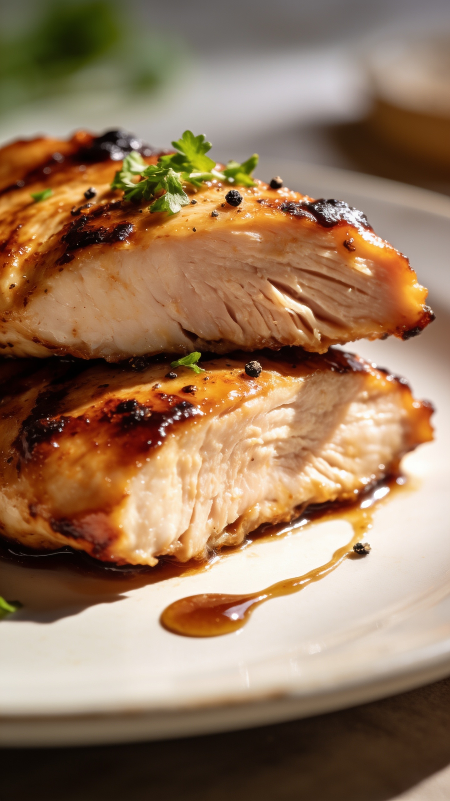 Macro close-up from a lower angle focusing on texture: two overlapping slices of BBQ chicken breast in extreme detail showing caramelized edges, sticky glaze sheen, and juicy fibers where the meat is cut; tiny char blisters catch the light; a light scatter of chopped parsley and a few coarse black pepper flecks on top; a small, artful drip of sauce trailing onto the plate; bright natural side light with pronounced highlights, shallow depth of field creating creamy bokeh, neutral background props barely hinted, food dominating 90–95% of frame, consistent styling with images 1 and 2, no text.