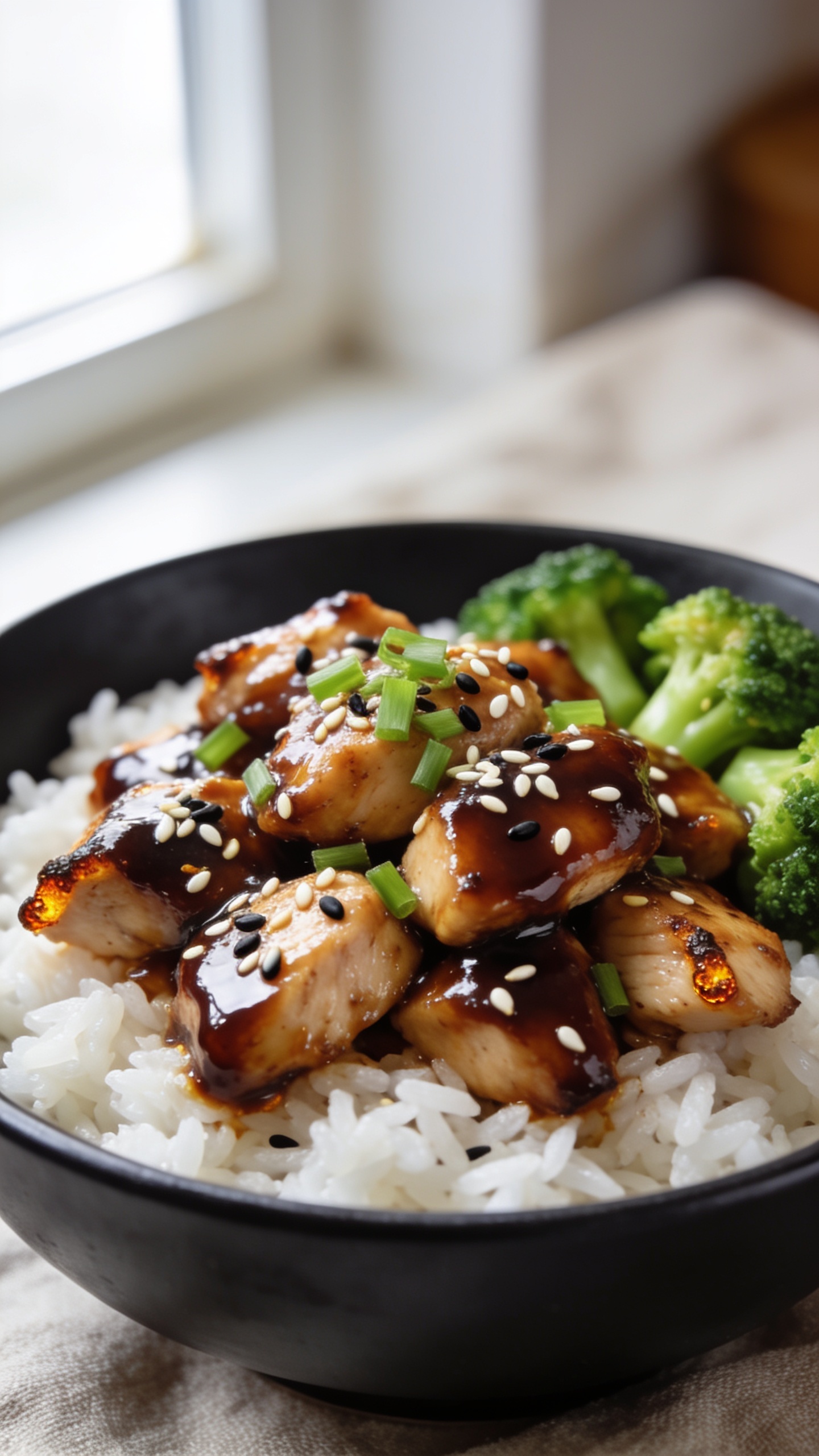 Ultra close-up hero shot of High Protein Teriyaki Chicken: bite-sized chicken breast pieces seared and lacquered in a thick, glossy dark-brown teriyaki glaze, piled over fluffy white jasmine rice in a shallow matte-black bowl, sprinkled with toasted white and black sesame seeds and finely sliced green onions, a few bright-steamed broccoli florets tucked to the side for color contrast. Sauce clings to the chicken with mirror-like shine and tiny caramelized edges visible. Bright natural window light from the left, gentle highlights on the glaze, shallow depth of field with only the front third of the bowl razor-sharp. Minimal props: neutral linen beneath, blurred background, food filling 90–95% of frame, premium food-blog styling.