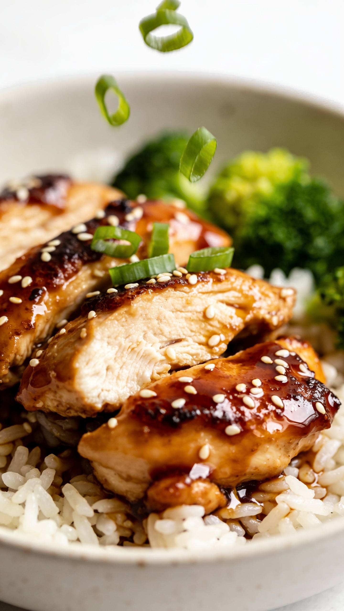 Macro close-up from a lower angle of the same finished dish: tight focus on a cluster of chicken pieces nestled over jasmine rice, showcasing lacquered glaze pooling in tiny glossy beads, caramelized edges, and visible sesame seeds. A light, slow-motion sprinkle of sliced green onions frozen mid-fall over the chicken. A few vibrant broccoli florets blurred in the back edge of the bowl for color balance. Bright natural lighting, shallow depth of field with crisp texture on the front chicken, minimal neutral backdrop, food filling 90–95% of frame, cohesive with the same bowl and styling as the other images.