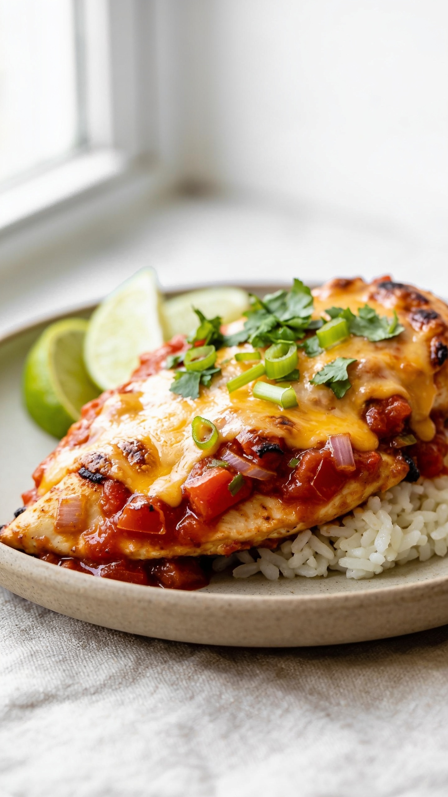 Ultra close-up hero shot of High Protein Salsa Chicken: tender boneless chicken breasts baked in chunky fire-roasted tomato salsa, blanketed with lightly melted cheddar-jack cheese, glossy and bubbling at the edges, garnished with fresh chopped cilantro and thinly sliced green onions, a few lime wedges tucked to the side, served over a small bed of fluffy white rice that peeks out beneath the saucy chicken. Emphasize juicy textures, glistening salsa with visible charred tomato and onion bits, and lightly caramelized cheese edges. Bright natural window light from the left, shallow depth of field, creamy bokeh, neutral matte ceramic plate on a light linen, food filling 90–95% of frame, premium food-blog styling, no text.