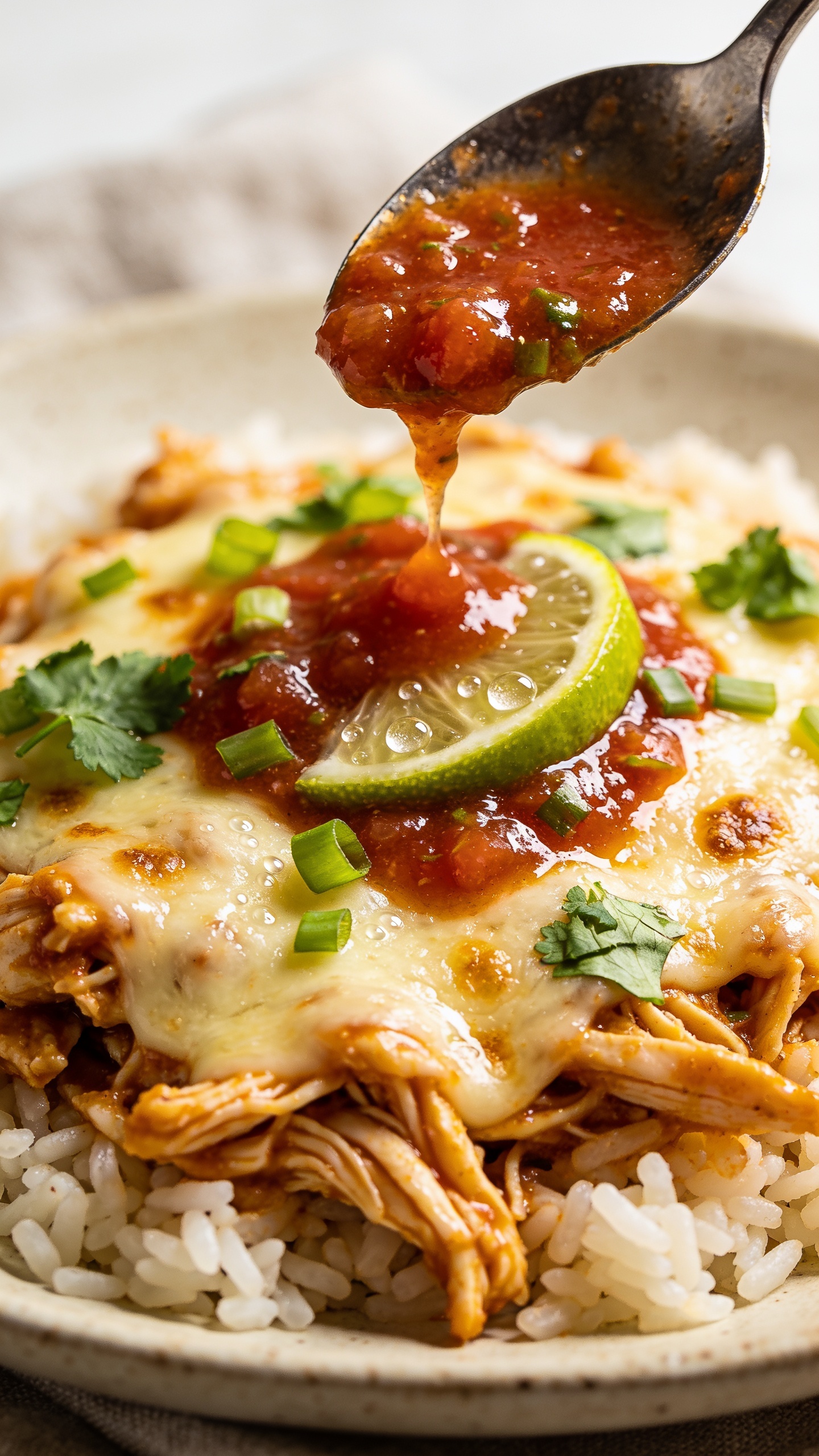 Extreme close-up from a lower angle focusing on textures: a tight frame of the same salsa chicken over rice with the spooned-on salsa pooling and glistening, cheese lightly blistered and melted into the chicken, tiny beads of moisture on the surface, chopped cilantro and green onions scattered, a squeeze of lime just finished leaving micro droplets on the cheese and salsa. Emphasize juicy pulled edges of chicken, glossy sauce sheen, and fluffy rice grains at the perimeter. Bright natural lighting, shallow depth of field with foreground in sharp focus and creamy background, neutral ceramic plate and soft linen hints, food filling 90–95% of frame, premium, no text.