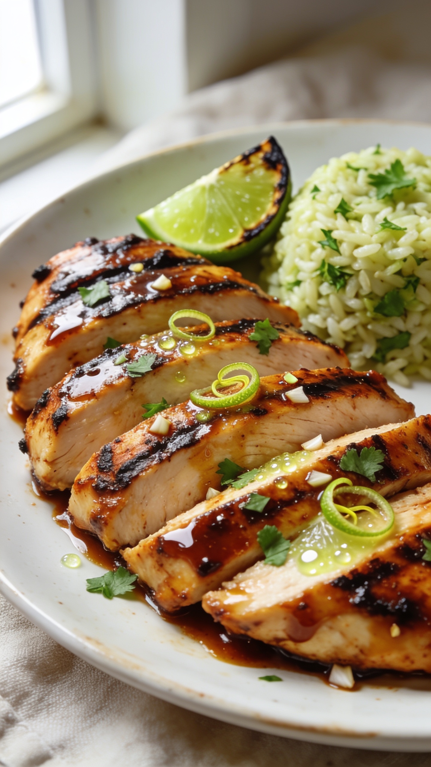 Ultra close-up hero shot of finished high-protein chipotle-lime chicken: juicy boneless skinless chicken breasts sliced into thick strips, deeply seared with charred grill marks, lacquered in a glossy chipotle-adobo and honey-lime glaze, tiny flecks of minced garlic visible, finished with a fresh squeeze of lime that leaves micro-beads of citrus on the surface, sprinkled with chopped cilantro and a few thin lime zest curls. Plated on a warm white ceramic plate with a small mound of fluffy cilantro-lime rice and a wedge of charred lime tucked beside the chicken for color continuity. Bright natural window light from the left, shallow depth of field, background softly blurred neutral linen. Food fills 90–95% of frame; focus on the glistening glaze, smoky edges, and vibrant green cilantro accents, consistent styling across all images.