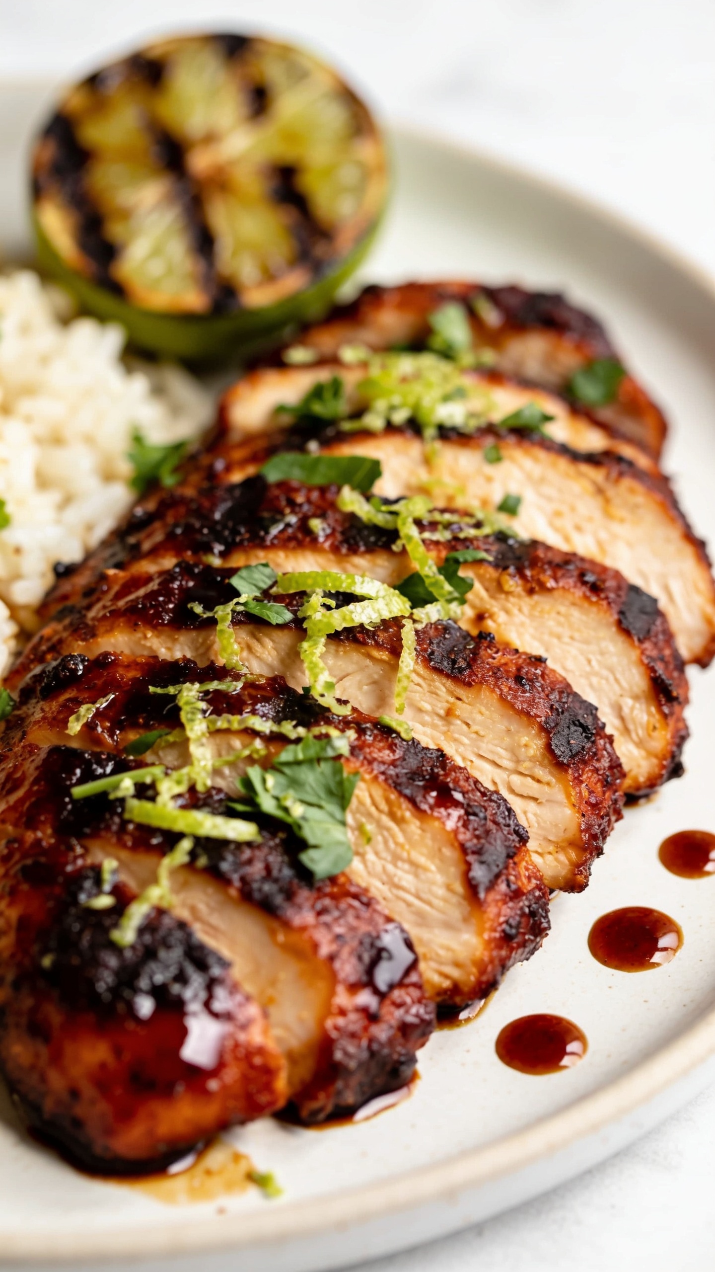 Macro close-up from a lower 3/4 angle of the same plated chipotle-lime chicken: knife-sliced cross-sections fanned slightly to reveal moist interior, caramelized edges, and a mirror-like glaze pooling lightly along the plate rim. Freshly grated lime zest and chopped cilantro sprinkled over the top at rest (not falling), a charred lime wedge in soft focus behind the chicken, a few glossy droplets of glaze on the plate for texture. Bright natural light, shallow depth of field, rich color saturation—deep mahogany sear, ruby-brown chipotle tones, vibrant greens. Food fills 90–95% of frame, consistent plate, rice, and garnish for a cohesive shoot.