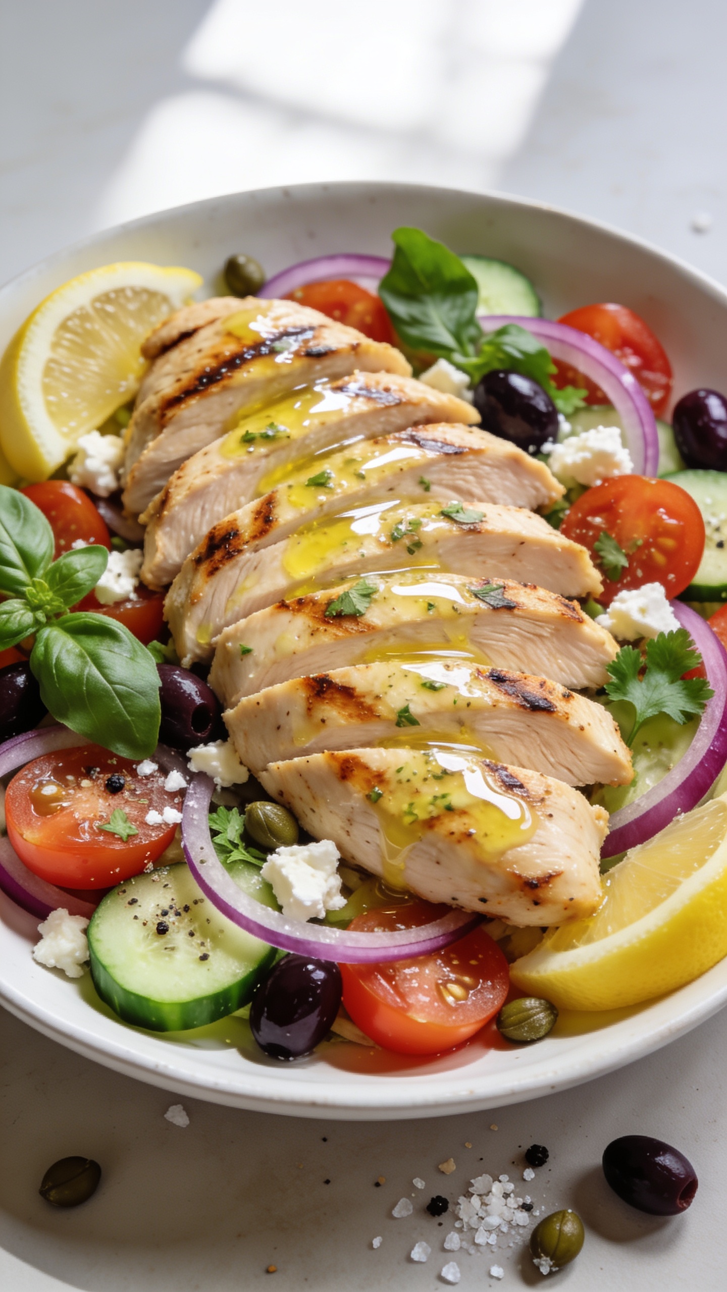 Ultra close-up hero shot of High Protein Mediterranean Chicken: sliced, juicy grilled chicken breasts fanned over a shallow white ceramic plate, glossy with a light golden lemon-garlic olive oil glaze, nestled among halved cherry tomatoes, sliced cucumbers, thin red onion, Kalamata olives, torn fresh basil and parsley, and crumbles of feta. Lemon wedges tucked at the edge, a few capers scattered, and a sprinkle of cracked black pepper and flaky sea salt. Bright natural window light, shallow depth of field, soft shadows, vibrant Mediterranean colors popping against a clean, neutral background. Food fills 90–95% of frame, focus on glistening chicken fibers and herb-flecked sauce, consistent styling for all images.