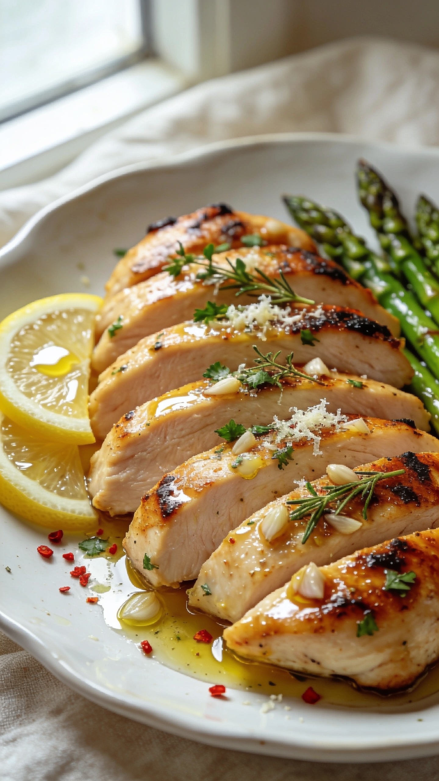 Ultra close-up hero shot of High Protein Garlic Herb Chicken: juicy boneless chicken breasts sliced and fanned on a white ceramic plate, glistening with a glossy garlic-herb olive oil glaze, deeply golden pan-seared crust with char-kissed edges, visible minced garlic and finely chopped parsley, thyme, and rosemary clinging to the surface, micro-grated Parmesan lightly melted into the glaze, thin lemon slices and a few lemon wedges tucked to the side with a light squeeze sheen, scattered red pepper flakes for a subtle kick, a small pool of garlicky juices at the base reflecting light, served with a few bright green roasted asparagus tips peeking in for color consistency, bright natural window light from the left, shallow depth of field, creamy linen backdrop, 90–95% of frame filled with food, premium food-blog styling.