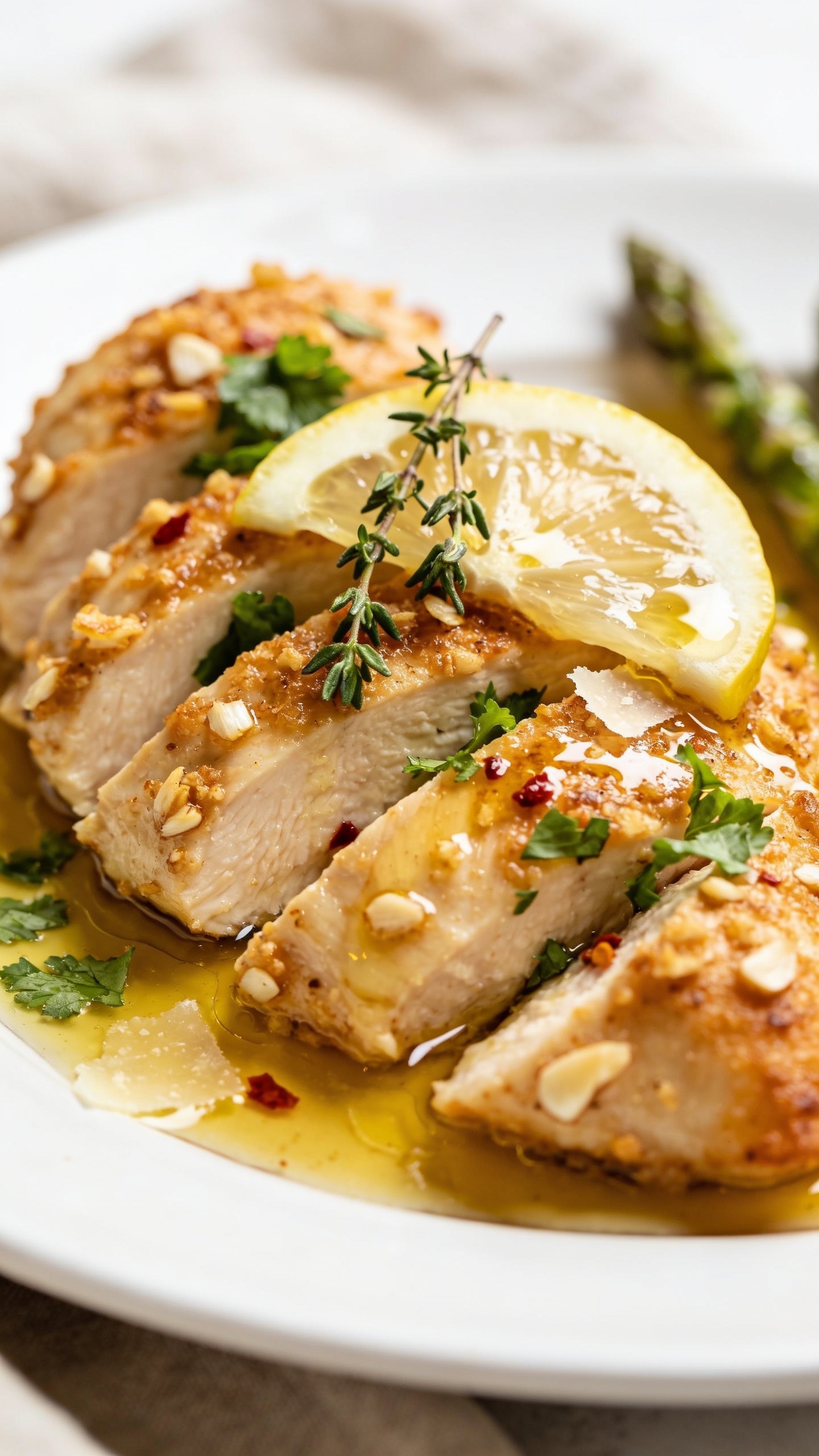 Intimate macro close-up from a low angle of the sliced chicken resting in its pan juices on a white plate: focus on the textured golden crust with crispy garlic bits, shimmering olive oil-lemon glaze pooling in the slice crevices, fresh parsley and thyme sprinkled on top, a delicate squeeze sheen on a thin lemon slice partially overlapping the chicken, subtle red pepper flakes adding contrast, a few Parmesan shavings softened into the warm glaze, background softly blurred with a neutral linen and a hint of asparagus tips for continuity, bright natural light, shallow depth of field, 90–95% of frame filled with the finished dish, luxurious, fresh, and irresistible.