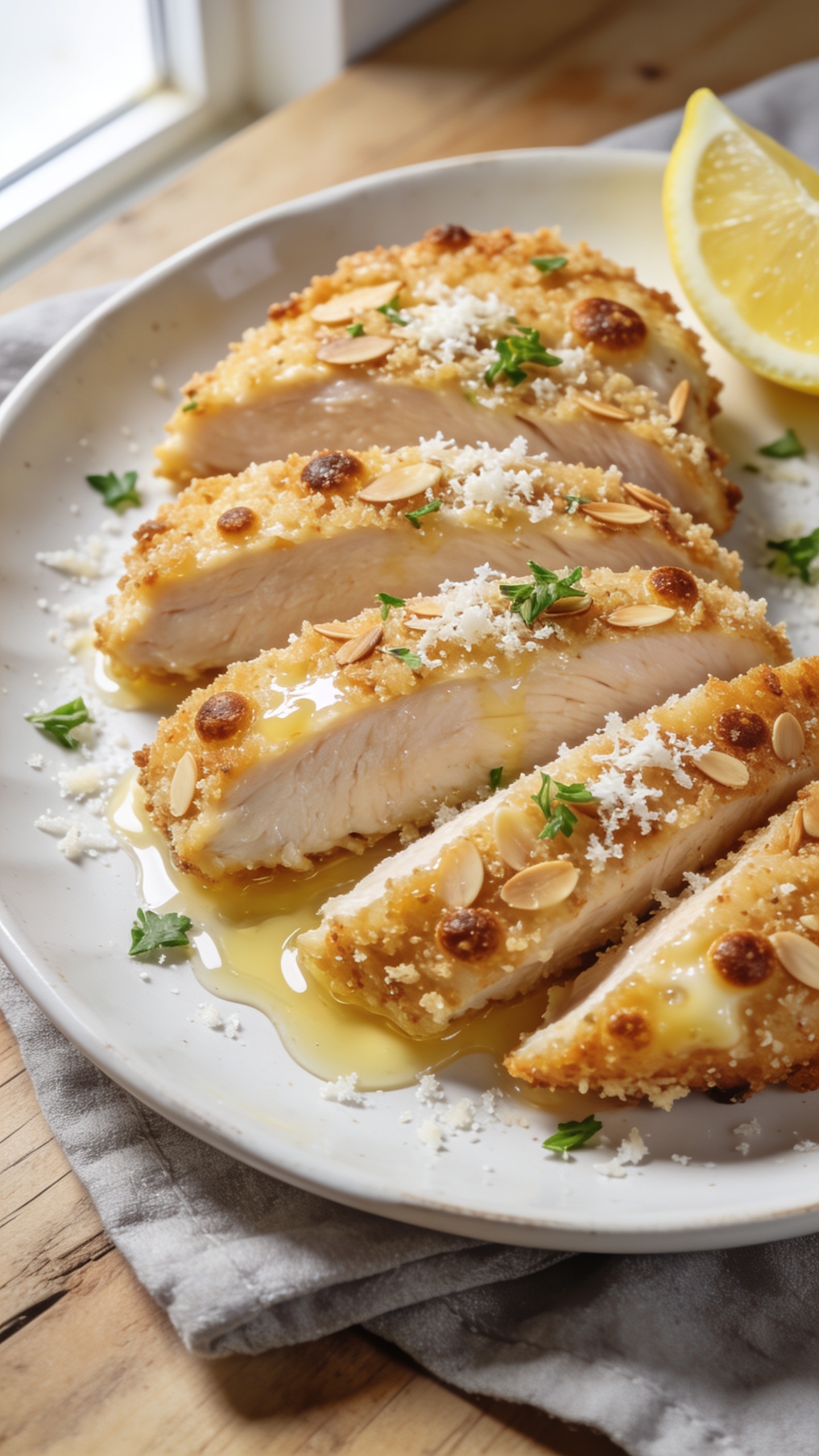Ultra-close hero shot of high-protein Parmesan crusted chicken breast, sliced and fanned on a white ceramic plate, each piece showing a golden-brown, shatteringly crisp Parmesan-almond crust with tiny browned cheese bubbles and flecks, juicy interior glistening, a light drizzle of garlicky butter over the top pooling slightly on the plate, sprinkled with freshly grated Parmesan and micro-chopped parsley, a lemon wedge tucked to the side (not squeezed), no hands, no text, bright natural window light from the left, shallow depth of field, rustic light wood surface, subtle linen napkin in soft gray, food filling 90–95% of frame, premium food-blog styling.