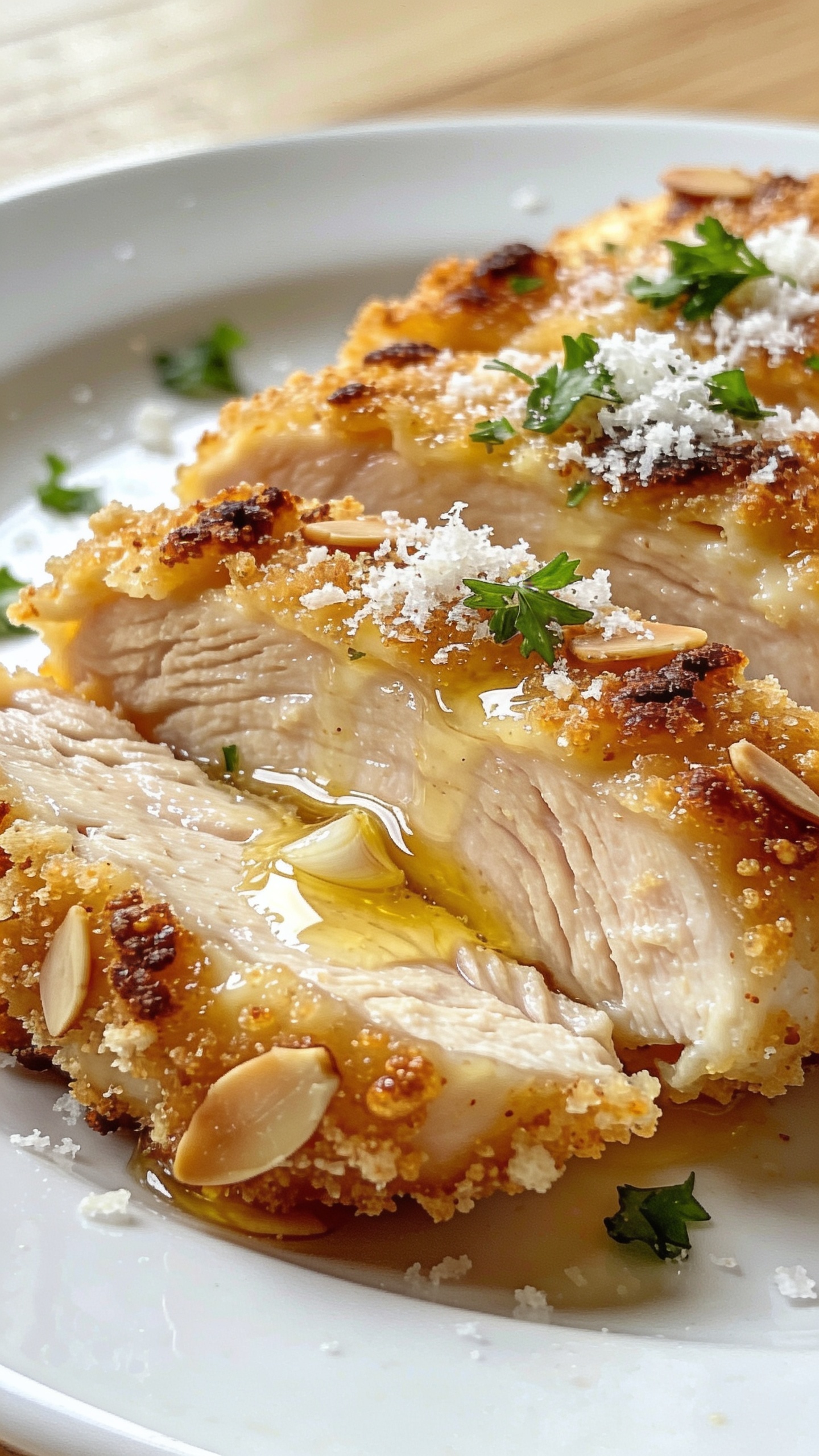 Macro close-up from a low three-quarter angle of the same plated Parmesan crusted chicken, focusing on the edge texture: crackly, cheese-fused crust with toasted breadcrumb/almond flecks, micro-bubbles, and browned ridges; juicy sheen on the sliced interior; finishing drizzle of garlic butter catching highlights; scattered parsley and fine Parmesan snow on top; blurred background of the white plate and light wood surface; bright natural lighting, shallow depth of field, food dominating 90–95% of the frame, cohesive with the first two images.