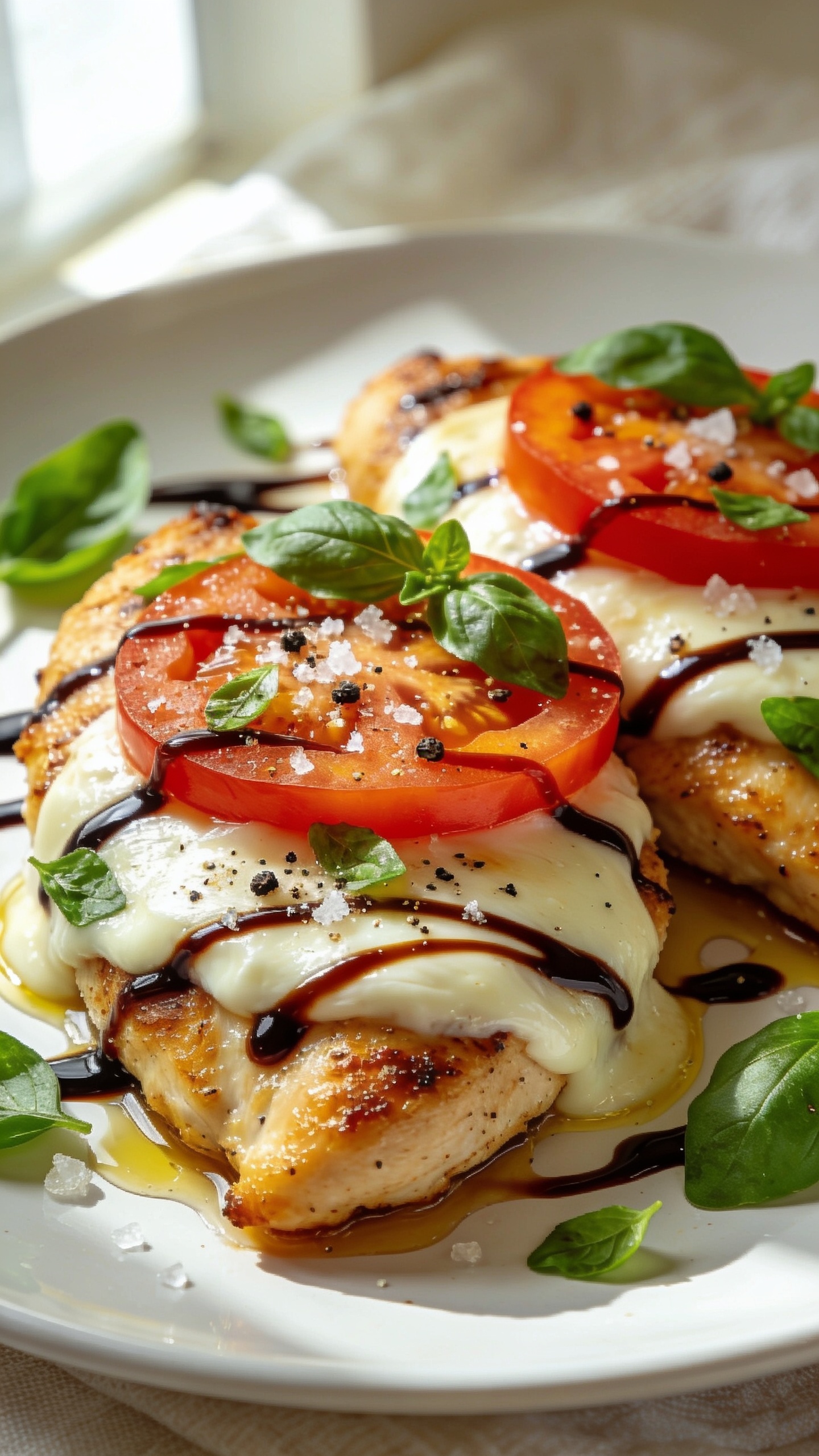 Ultra-close hero shot of High Protein Caprese Chicken on a shallow white plate: golden seared chicken breasts topped with melted fresh mozzarella, thick sunset-red tomato slices, glossy balsamic glaze drizzled in delicate ribbons, and a generous scatter of fresh basil leaves. A few coarse sea salt flakes and cracked black pepper specks sparkle on the cheese. Pan juices lightly pool around the edges with a faint olive oil sheen. Bright natural window light from the left, soft shadows, shallow depth of field, creamy background blur with subtle linen texture, vibrant colors, rich textures, no text, no hands, 90–95% of the frame filled with the plated chicken, consistent styling across all images.