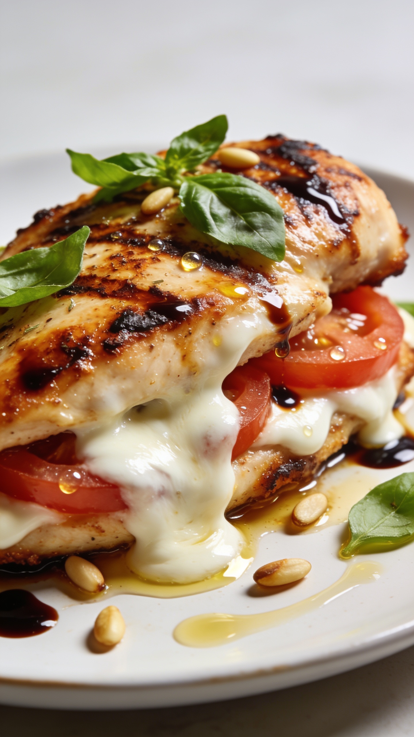 Tight 45-degree close-up from plate level of the same finished Caprese Chicken: focus on one breast showing caramelized sear marks, bubbling melted mozzarella puddling over the sides, juicy tomato slices peeking out, micro-droplets of balsamic glaze catching light, and torn basil leaves freshly scattered on top. Edges of the chicken look crisp and lacquered with pan juices; a few toasted pine nuts and a light drizzle of extra-virgin olive oil add sheen and texture. Bright natural side light, shallow depth of field, rich saturated colors, minimal neutral backdrop, 90–95% frame filled with food, cohesive with the other images.