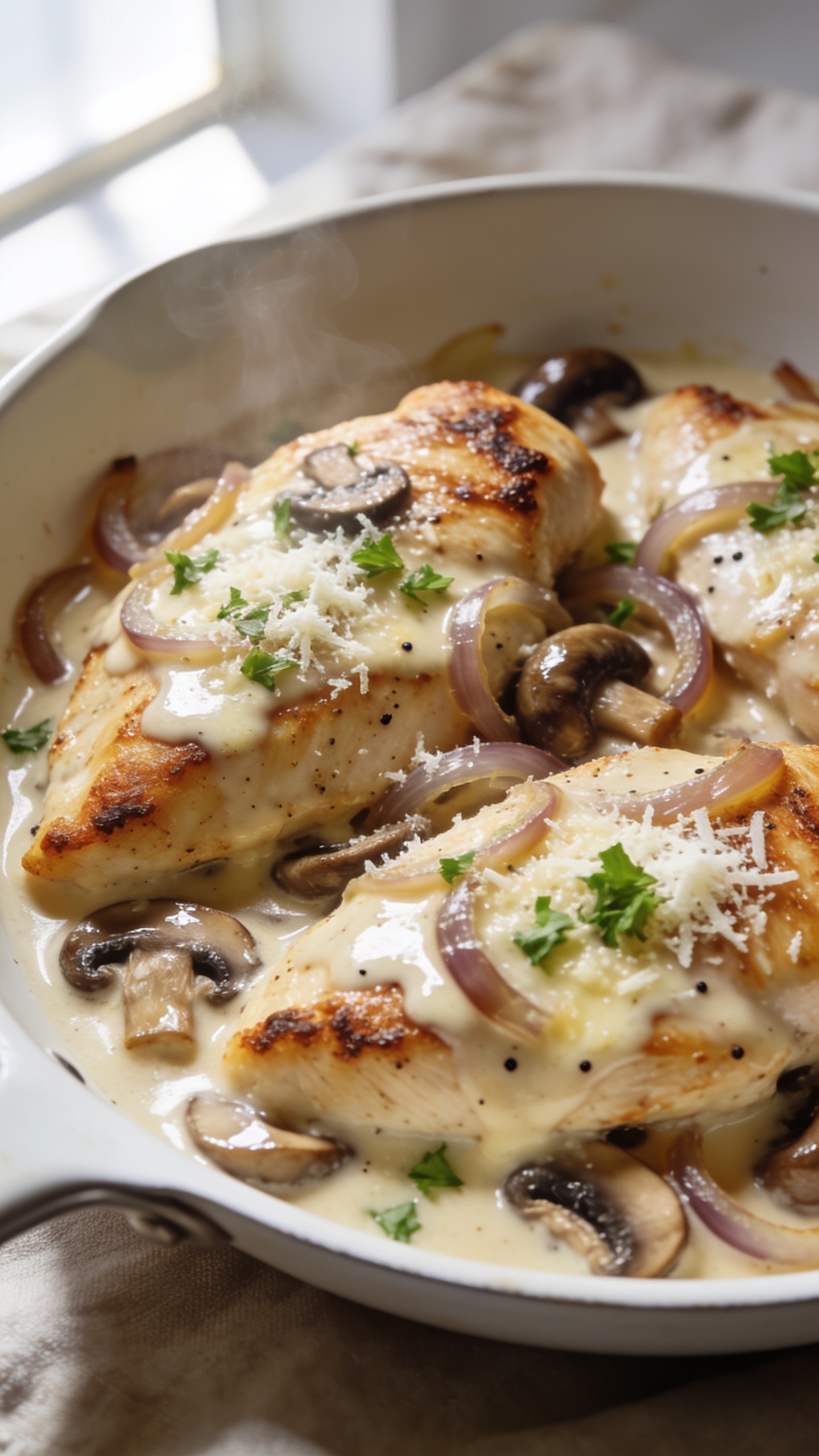 Extreme close-up hero shot of high-protein smothered chicken: golden-brown seared chicken breasts nestled in a shallow white skillet, blanketed in a glossy, creamy garlic-parmesan sauce with caramelized onions and sautéed cremini mushrooms. Sauce clings to the chicken with visible sheen and tiny black pepper flecks; finely grated parmesan melts into the surface, with a light sprinkle of fresh chopped parsley for color. A few browned crispy edges on the chicken peek through the sauce, and the mushrooms look juicy and lacquered. Bright natural window light from the left, soft shadows, shallow depth of field focused on the center breast, blurred background of neutral linen. Food fills 90–95% of frame, premium food-blog styling, steam subtly rising to signal heat.