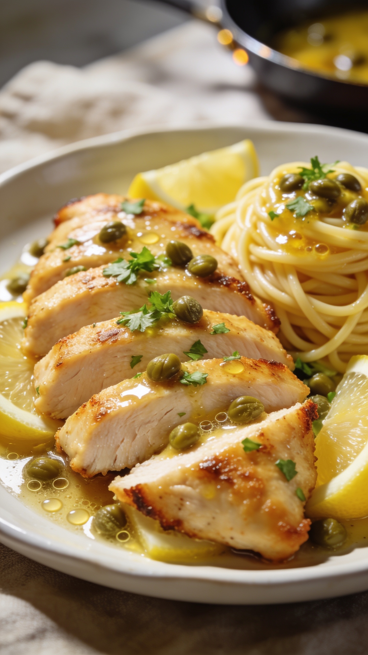 Ultra-close hero shot of high protein chicken piccata: golden, lightly seared chicken cutlets sliced and fanned on a shallow white ceramic plate, coated in a glossy lemon-caper pan sauce with visible micro-bubbles and silky sheen; bright lemon slices and wedges tucked around the chicken, briny capers scattered generously, a sprinkle of finely chopped fresh parsley on top; a small mound of al dente angel hair or thin spaghetti lightly glossed with the same sauce peeking from beneath one edge of the chicken to signal a full plated meal; vibrant, warm daylight from the side, shallow depth of field with the front edge of the cutlet in razor focus showing juicy fibers and crisp edges; background softly blurred with neutral linen and a faint glint of a pan, food filling 90–95% of frame, premium food-blog styling, no text.