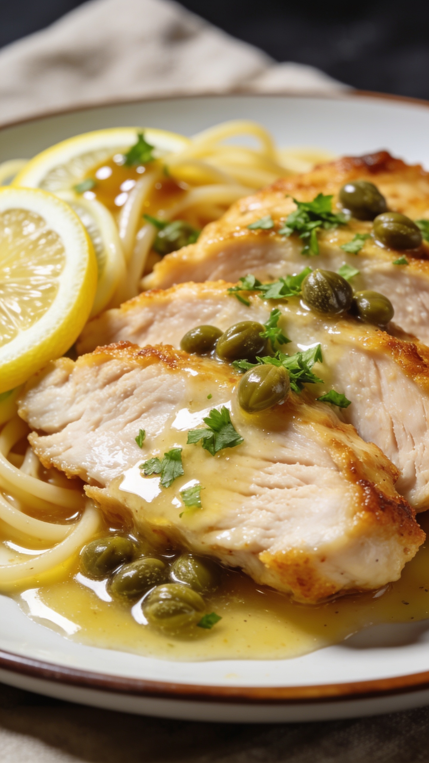 Extreme close-up from a low angle of the same plated chicken piccata: focus on overlapping slices of juicy chicken showing moist interior and crisp, golden exterior, drenched in a shimmering lemon-caper sauce pooling slightly at the base; capers glistening, finely chopped parsley freshly sprinkled, thin lemon rounds tucked along the side, strands of angel hair glossed with sauce peeking in; highlights emphasizing silky sauce texture and crispy edges; bright natural side light, shallow depth of field with bokeh in the background from a neutral napkin and the rim of the plate, food dominating 90–95% of the frame, cohesive with hero styling, no text.
