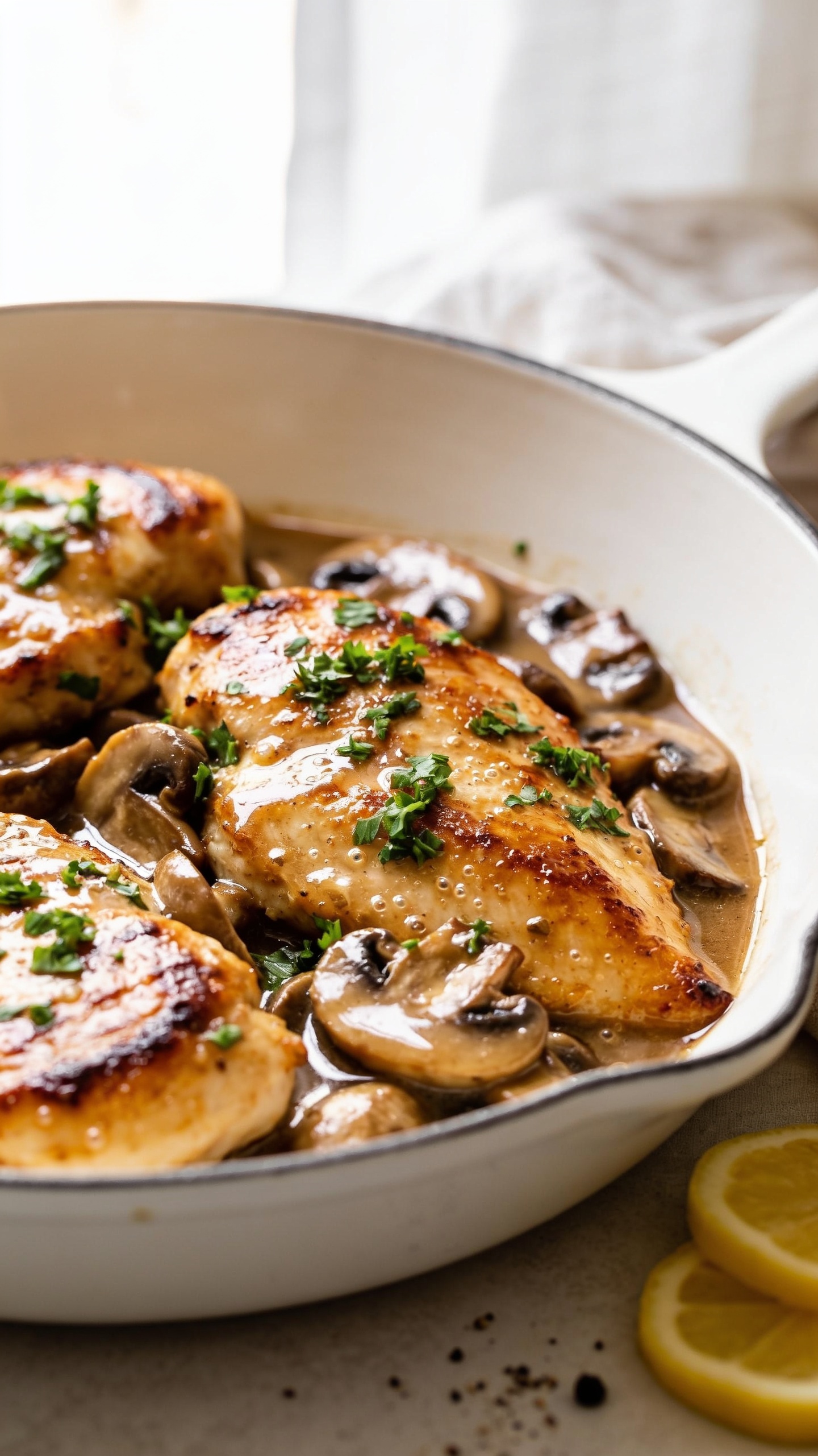 Ultra close-up hero shot of high-protein Chicken Marsala: golden-browned seared chicken cutlets nestled in a glossy Marsala wine and cremini mushroom pan sauce, topped with finely chopped fresh parsley. Sauce clings to the chicken with visible sheen and micro-bubbles, sliced baby bella mushrooms glistening and tender. Served in a shallow white ceramic skillet with a subtle rim, a few thin lemon slices off to the side for brightness, and a minimal sprinkle of cracked black pepper. Bright natural window light from the left, soft bounce on the right, shallow depth of field isolating the chicken and mushrooms; background softly blurred neutral linen. Food fills 90â95% of frame, rich caramelized edges, no text, no hands, same finished recipe styling in all images.