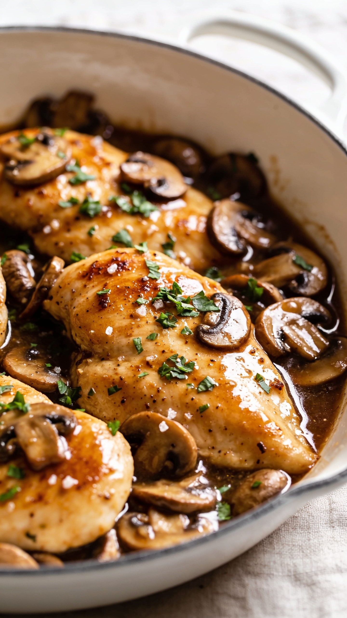 Extreme close-up angled top-down detail of the same plated Chicken Marsala in the white ceramic skillet: overlapping golden chicken cutlets partially submerged in a rich, glossy Marsala reduction with abundant cremini mushrooms. Emphasize velvety sauce texture, caramelized fond speckles, and juicy sheen on the cutlets. A light finishing sprinkle of fresh parsley scattered over the surface; a few coarse salt crystals catching the light. Bright natural side lighting, shallow depth of field to blur the rim and background linen, food filling 90â95% of the frame, cohesive with the other images, no text, no hands.