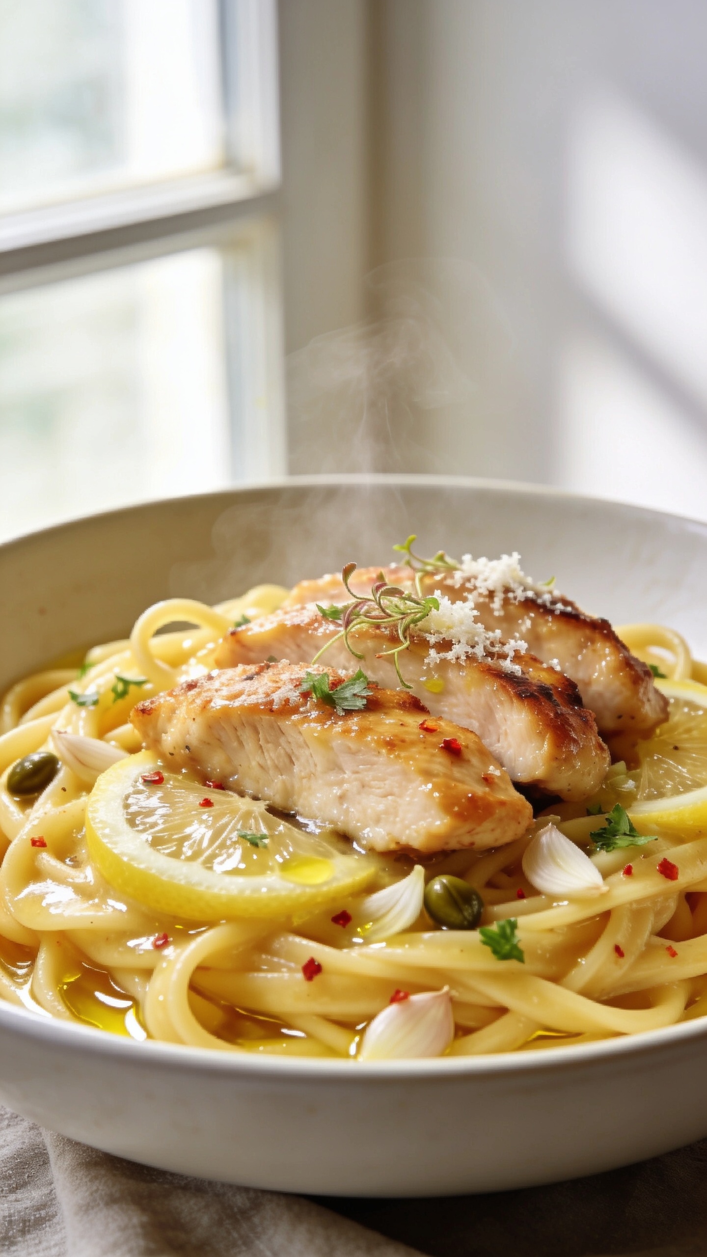 Ultra-close hero shot of high protein chicken scampi: juicy golden-browned chicken breast slices nestled over al dente linguine, all tossed in a glossy garlic-lemon-butter sauce with visible minced garlic, thin lemon slices, and a light shimmer of extra-virgin olive oil; flecks of red pepper flakes, finely chopped parsley, and a final dusting of micro-grated Parmesan catching the light; a few capers peeking through for briny pop; steam rising subtly; bright natural window light from the left, soft white bounce on the right; shallow depth of field with the front curls of pasta and glistening chicken in razor focus; styled on a matte white shallow bowl with a muted linen beneath, 90â95% of the frame filled with the dish.