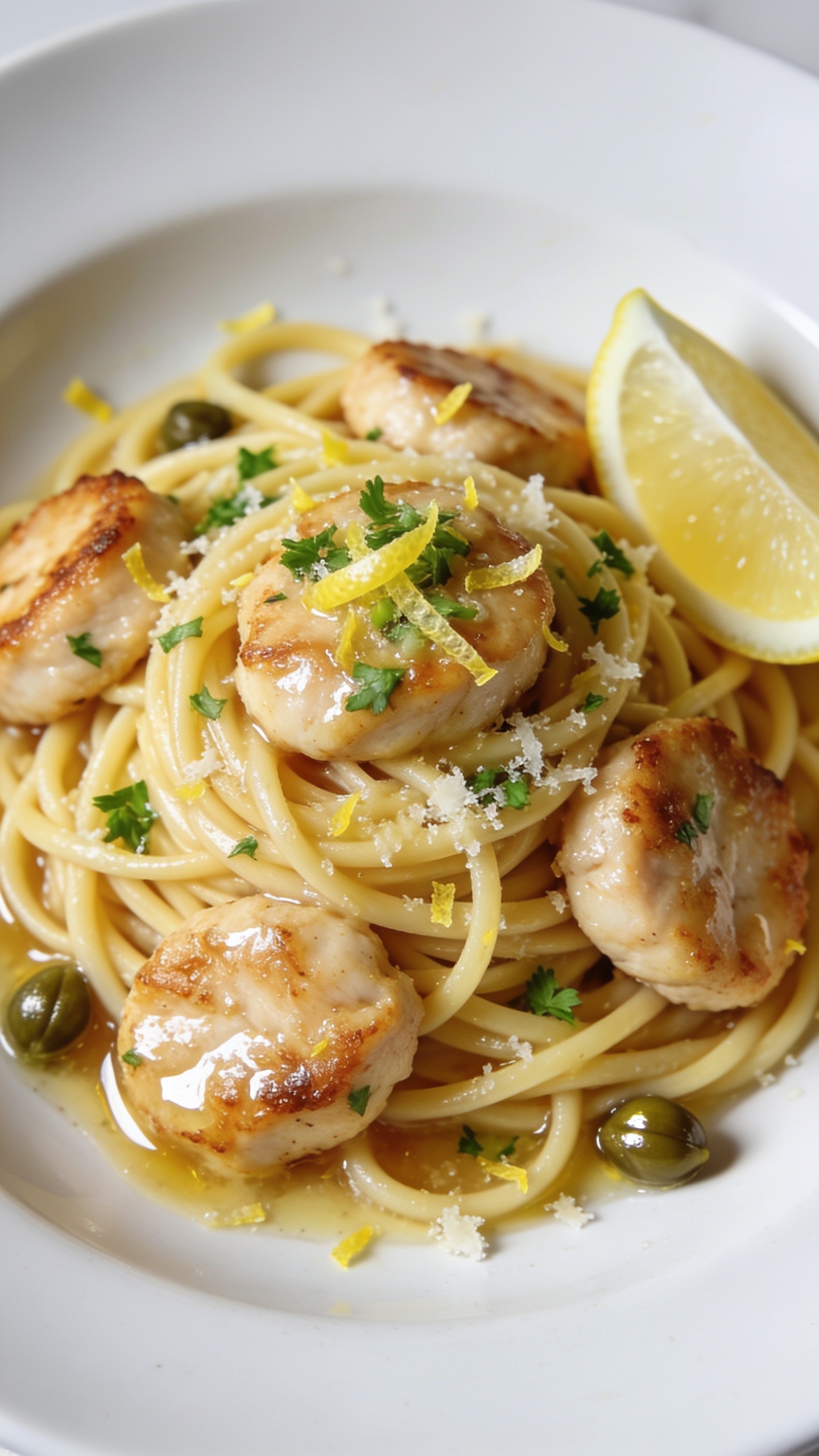 Intimate texture close-up from a slightly overhead angle: the same finished chicken scampi with chicken medallions arranged over tangled linguine, sauce pooling silkily in the pasta crevices, edges of chicken lightly crisped and glistening; lemon zest scattered like confetti, chopped parsley vivid green, fine Parmesan melting into the hot strands; a thin lemon slice tucked to the side, a few capers shining; bright natural light with gentle highlights on the sauce and chicken, shallow depth of field isolating the center cluster of noodles and chicken; 90â95% of the frame filled with the dish on a clean white plate for premium food-blog styling.