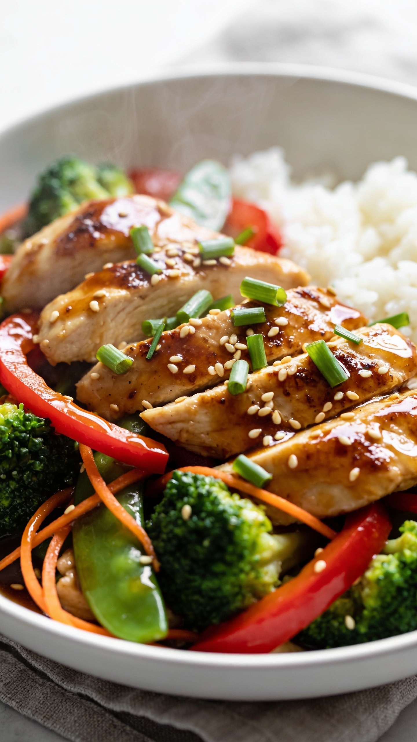 Ultra close-up hero shot of a high-protein chicken stir fry plated in a shallow white bowl: glossy, seared chicken breast slices, vibrant broccoli florets, red bell pepper strips, snap peas, and thin carrot ribbons, all coated in a mahogany soy-garlic-ginger sauce with a light sheen. Garnished with finely sliced green onions and a sprinkle of toasted sesame seeds. A few fluffy white jasmine rice grains peeking from beneath but mostly hidden by the stir fry. Bright natural side lighting, shallow depth of field, clean neutral background, minimal props (just a hint of a gray linen), 90–95% of frame filled with the food, textures crisp and fresh, steam faintly visible.