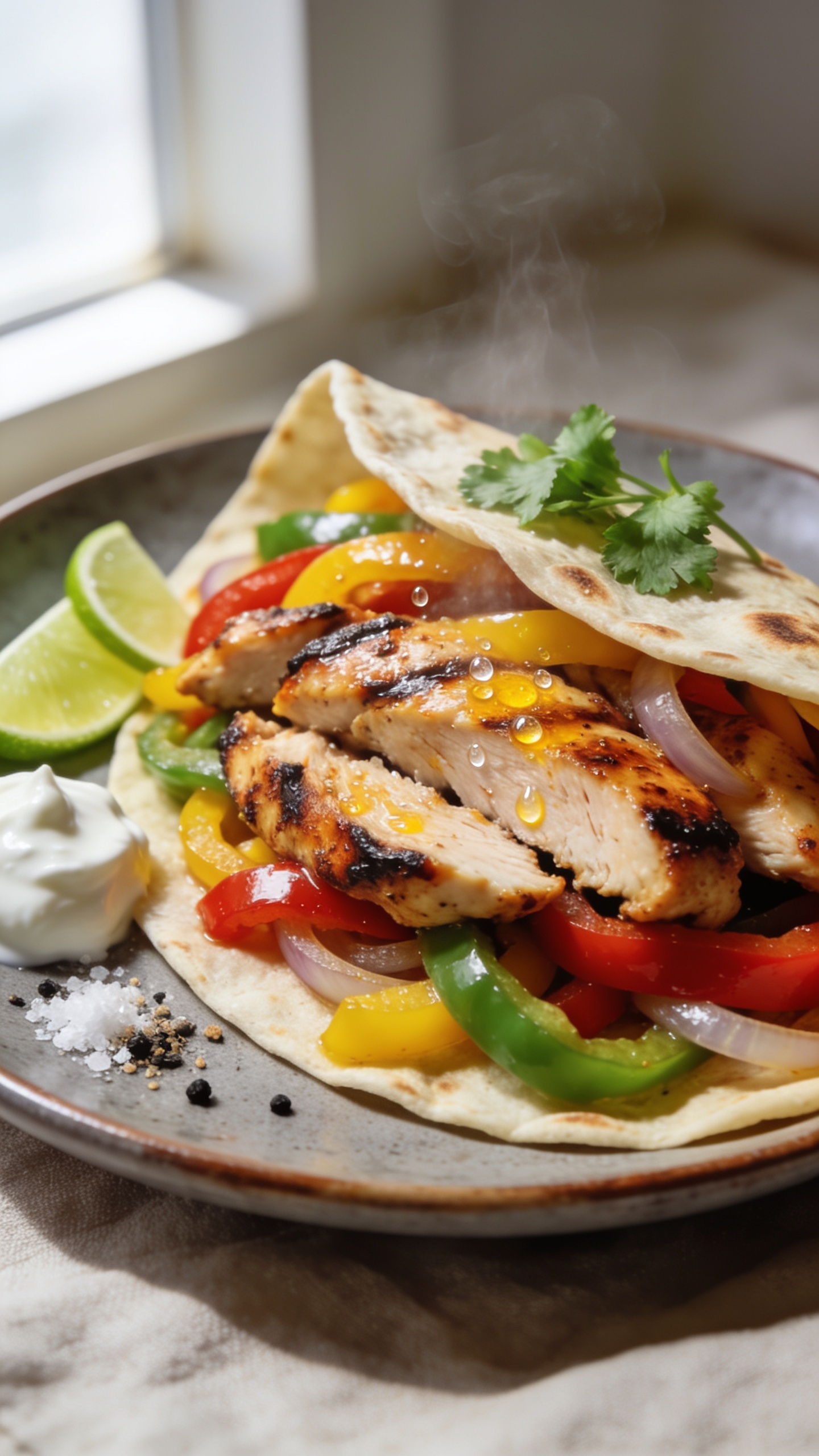 Ultra close-up hero shot of high-protein chicken fajitas plated: charred, juicy sliced chicken breast with deep caramelized edges, glossy sautéed red, yellow, and green bell peppers and sweet onions, all piled into lightly blistered flour tortillas on a warm gray ceramic plate. Garnished with fresh cilantro, thin lime wedges, and a small dollop of Greek yogurt in place of sour cream, plus a sprinkle of coarse sea salt and cracked black pepper. Tiny beads of moisture on the chicken from a citrus-spice marinade, faint steam rising, natural window light from the left, soft shadows, shallow depth of field, creamy bokeh background with neutral linen. Food fills 90–95% of frame, vibrant colors, premium food-blog styling, no text on image.
