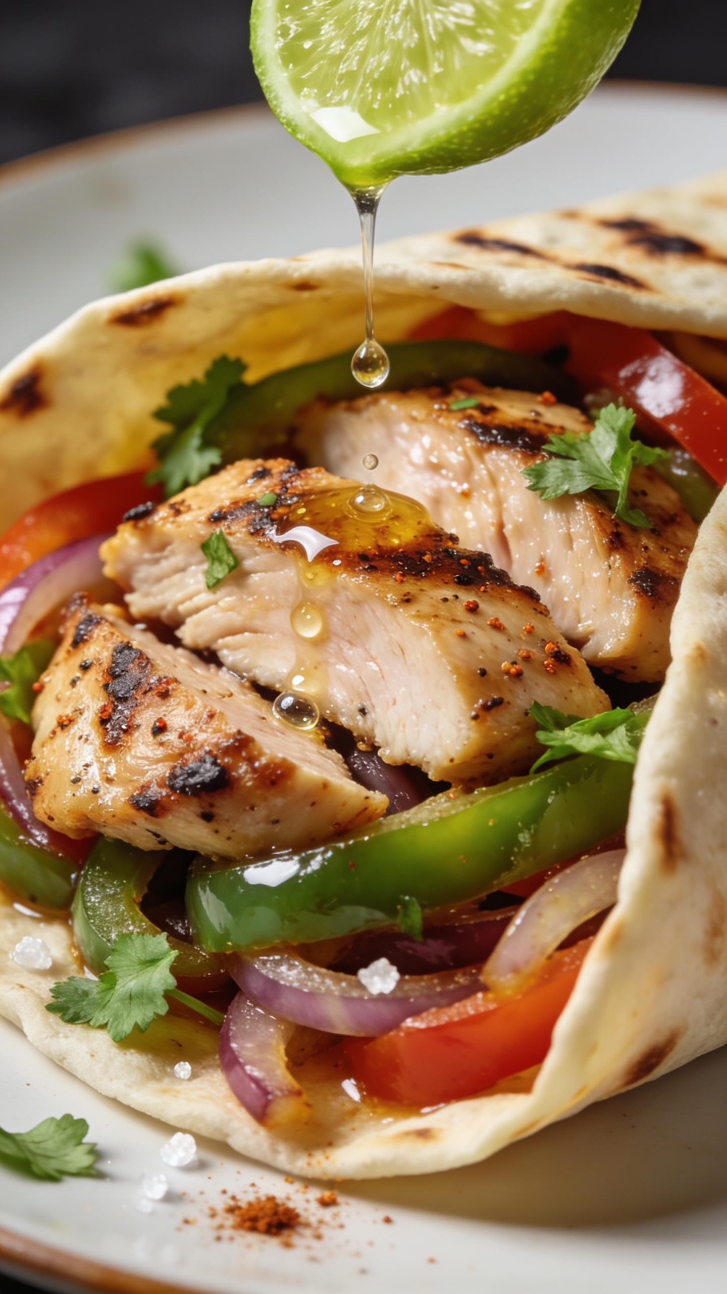 Tight macro from a different angle of the same plated fajitas: focus on the sliced chicken’s seared, pepper-flecked crust and juicy interior, glossy peppers and onions nestled against the meat inside a warm, lightly charred flour tortilla. A squeeze of lime caught mid-drip over the filling (single droplet suspended), micro-beads of juice on the chicken, fresh cilantro scattered, tiny sprinkle of smoked paprika and sea salt visible. Bright natural lighting, side-lit highlights, shallow depth of field, rich textures and vibrant colors, food fills 90–95% of frame, consistent styling with previous images, no text on image.