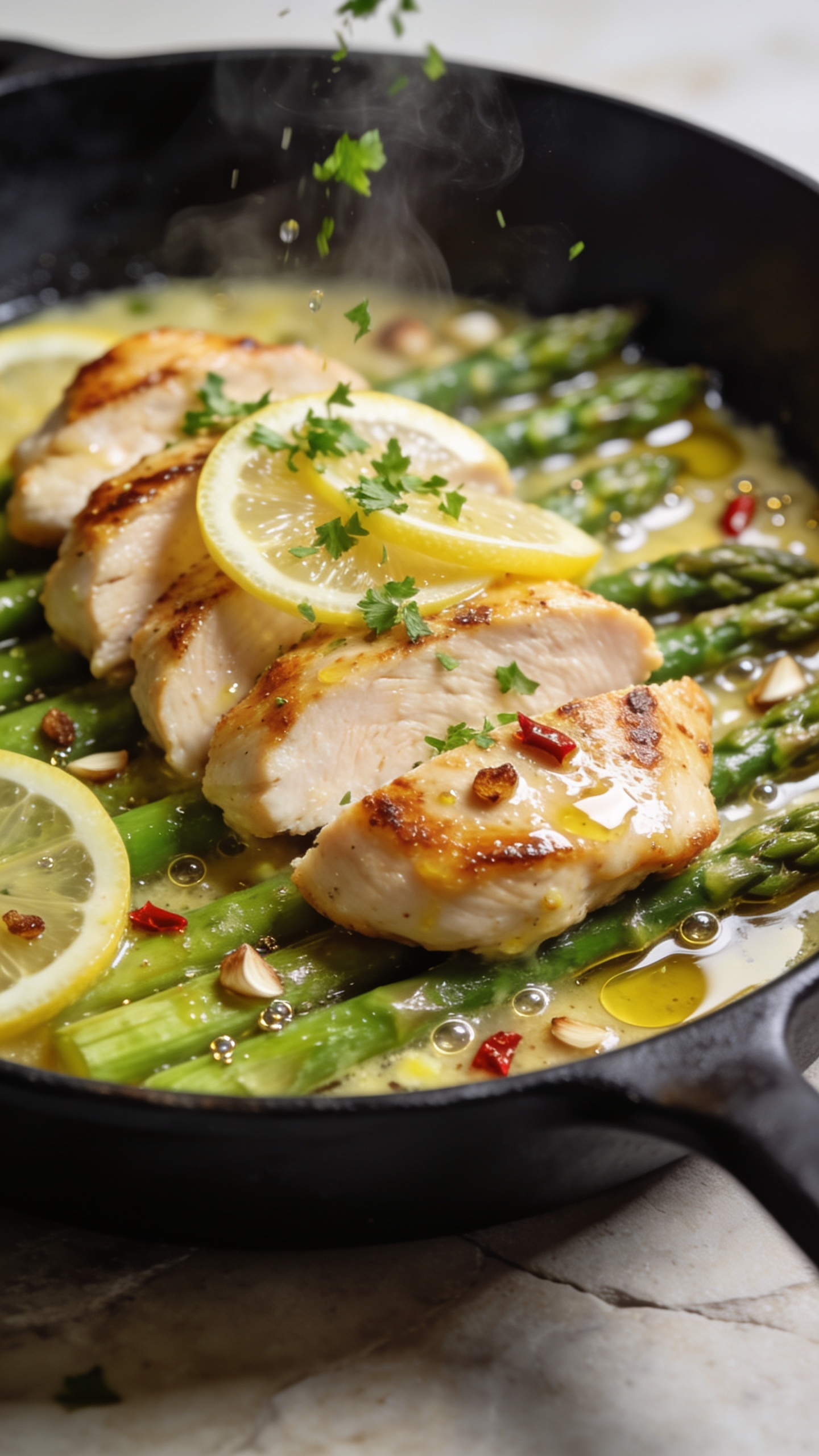 Extreme close-up hero shot of a glossy skillet-plated high-protein chicken with asparagus: sliced, juicy seared chicken breast medallions with golden-brown edges arranged over crisp-tender asparagus spears, all coated in a shimmering lemon-garlic pan sauce with tiny browned garlic bits, a few red chili flakes, and micro-beads of olive oil catching the light; thin lemon slices and a quick shower of finely chopped fresh parsley scattered on top; bright natural side lighting, shallow depth of field, bokeh background, food filling 90–95% of frame, premium food-blog styling on a matte black skillet over a light stone surface, steam subtly rising.