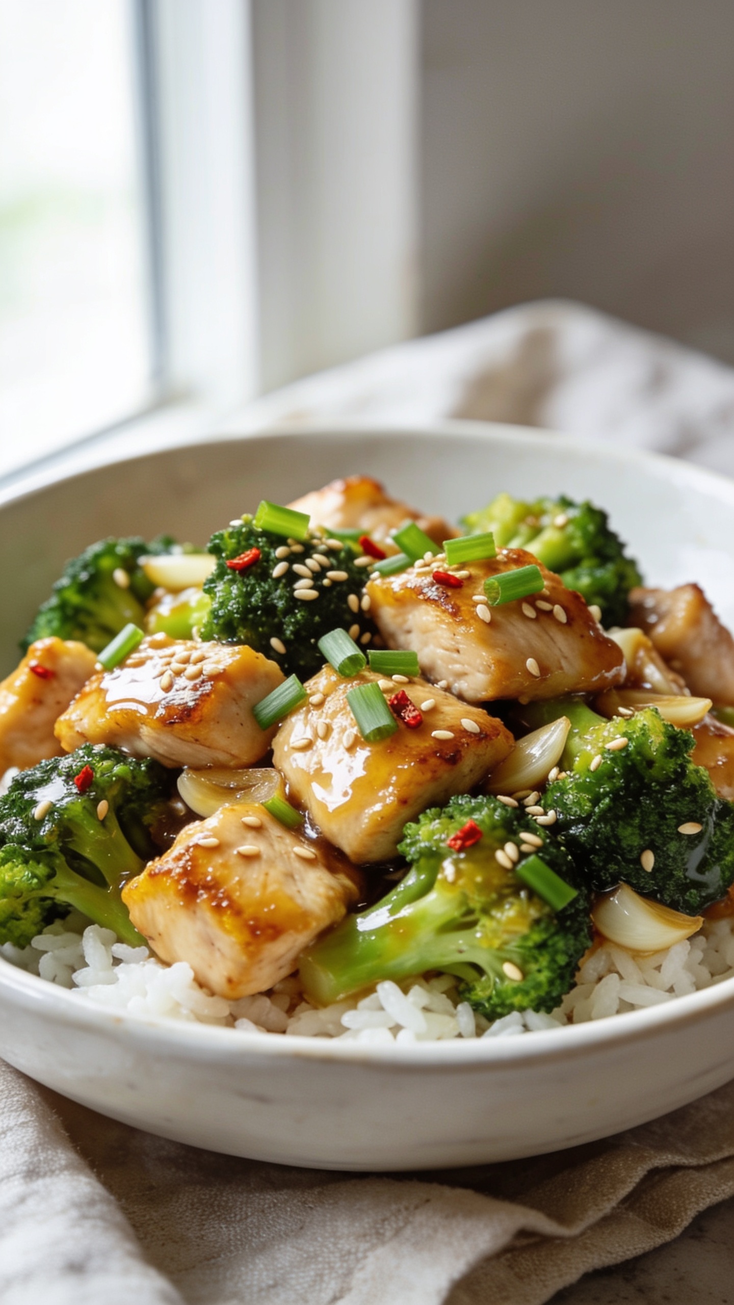 Ultra close-up hero shot of a finished high-protein chicken and broccoli plate: glossy, bite-sized seared chicken breast pieces with golden edges, nestled among vibrant, crisp-tender broccoli florets, all coated in a savory garlic sauce with a subtle sheen. Light sesame seeds and finely sliced green onions scattered on top, a few red pepper flakes for heat. Served in a shallow white ceramic bowl over a small bed of fluffy white rice for context, but chicken and broccoli dominate 90â95% of the frame. Bright natural window light from the side, shallow depth of field, soft linen napkin and blurred neutral background. Emphasize juicy chicken texture, broccoli crunch, and glossy sauce.