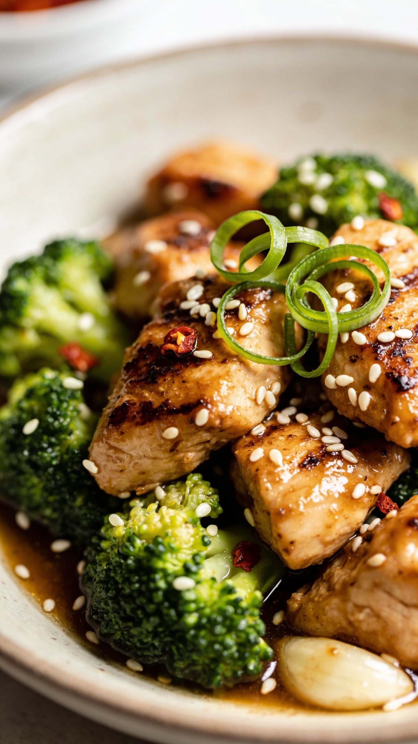 Macro close-up from a different angle: tight focus on clustered chicken and broccoli in the bowl, emphasizing caramelized sear marks on chicken, crisp bead-like broccoli buds, and a lacquered garlic sauce pooling lightly around the pieces. Freshly sprinkled sesame seeds and thin green onion curls visible on top, a few chili flakes for contrast. Bright natural side light creating appetizing highlights, shallow depth of field with background melt, food occupying 90â95% of the frame, same plating and styling as the hero for perfect visual consistency.