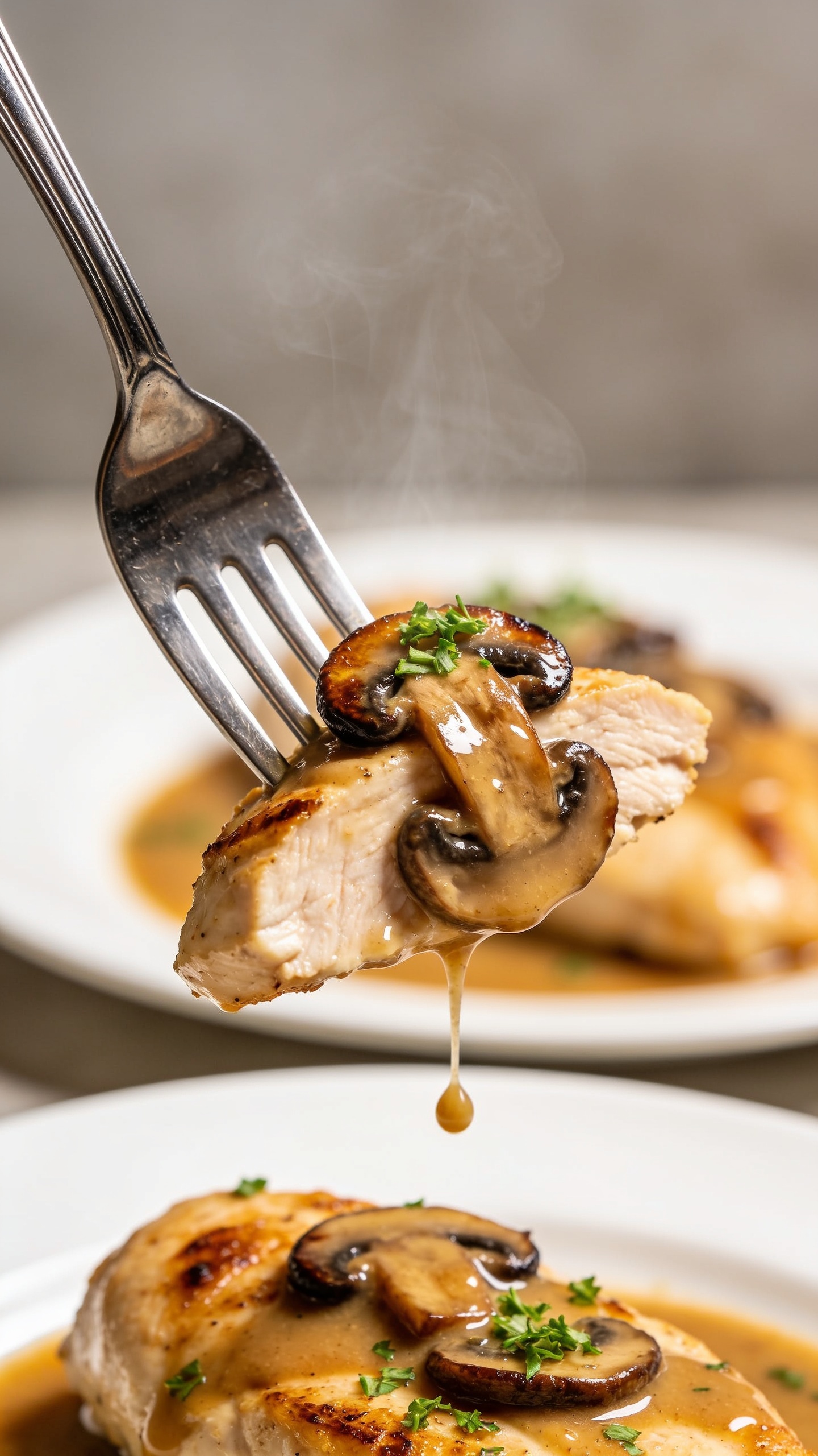 Dynamic action close-up: a polished dinner fork lifting the perfect bite—one juicy slice of seared chicken breast draped in glossy mushroom sauce with a couple of caramelized mushroom slices clinging, micro-chopped parsley speckled on top; a slow drip of sauce falls back to the plate below, frozen mid-drop. Background shows the same plated chicken and sauce blurred, bright natural light, shallow depth of field, steam gently rising; food fills 90–95% of frame, premium food-blog styling, no hands visible.