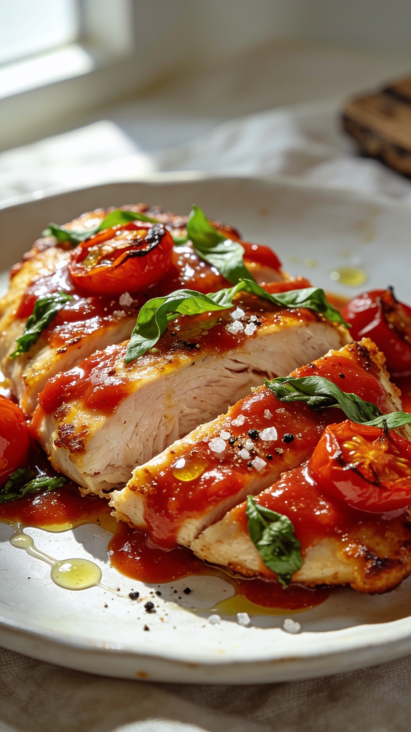 Ultra-close hero shot of juicy pan-seared chicken cutlets with crispy golden edges, sliced on a shallow white ceramic plate and generously coated in a glossy, bright red tomato basil sauce; visible tender chicken fibers where cut, sauce shimmering with olive oil micro-beads, ribbons of fresh basil scattered on top, a few blistered cherry tomato halves nestled in the sauce, a light sprinkle of flaky sea salt and cracked black pepper; small drizzle trails pooling around the chicken; bright natural window light from the left, soft shadows, shallow depth of field, creamy bokeh; background softly blurred to pale linen with a hint of a rustic wood surface; food fills 90–95% of frame, vibrant reds and greens popping, premium food-blog styling.